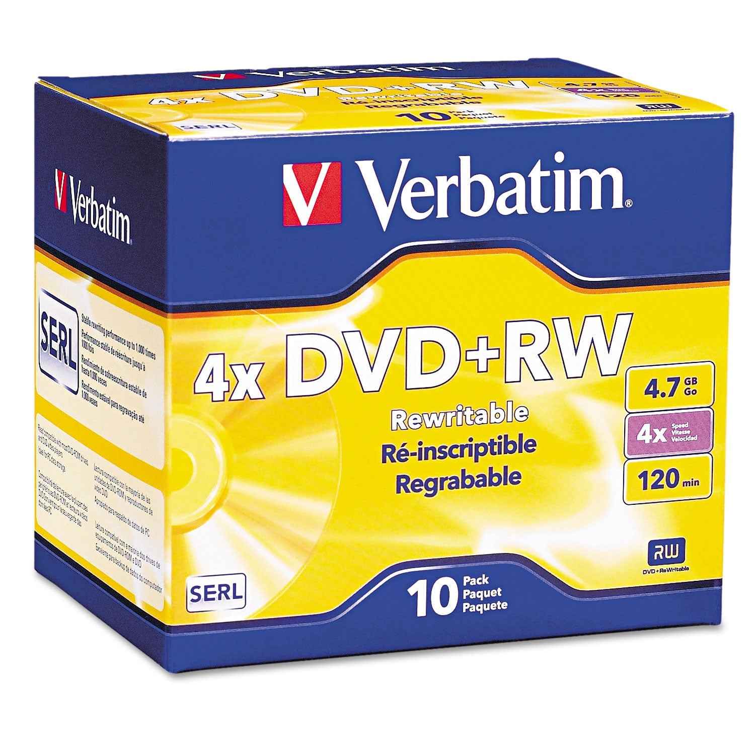 Verbatim® Dvd+rw Rewritable Disc, 4.7 Gb, 4x, Slim Jewel Case, Silver, 10/pack