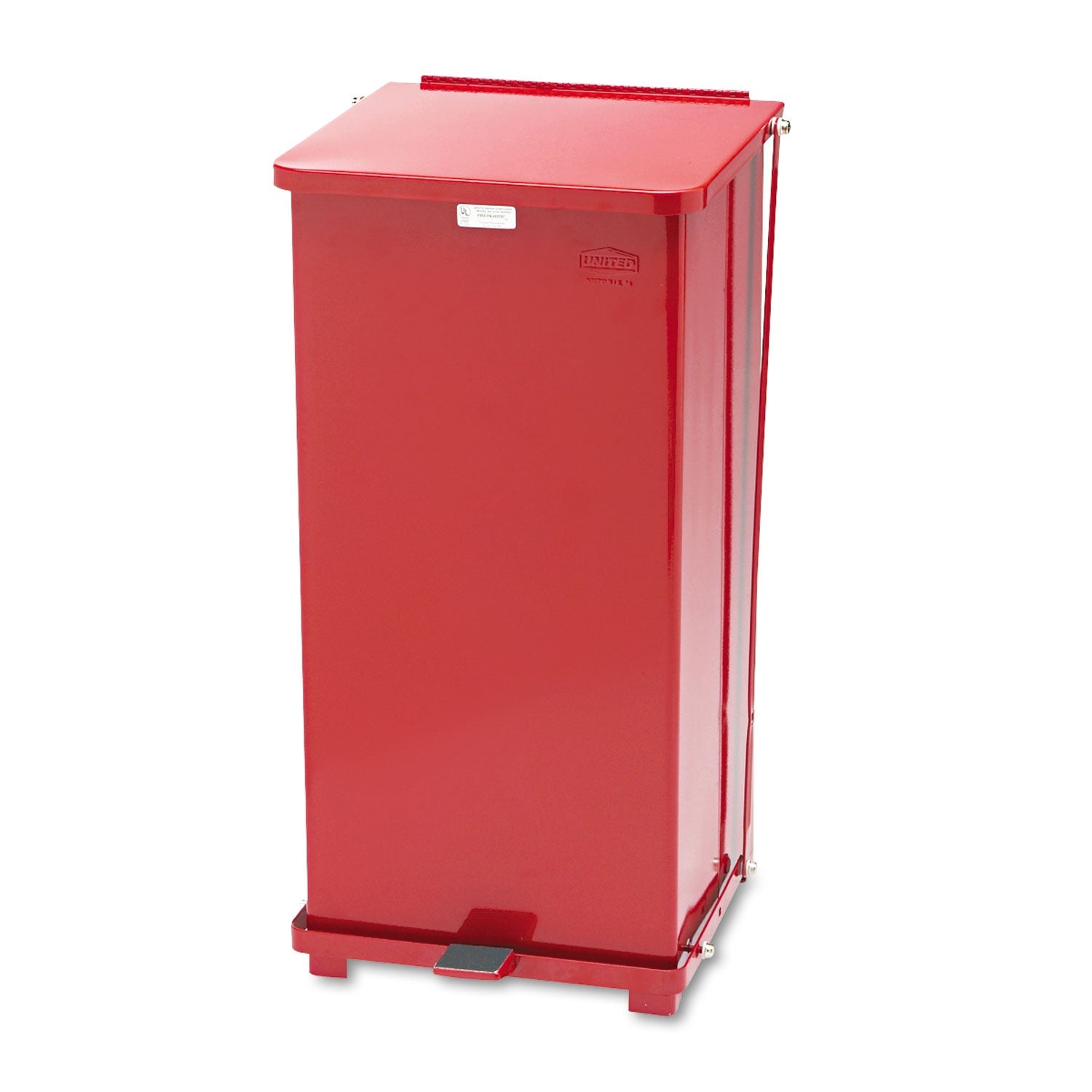 Rubbermaid® Commercial Defenders Heavy-Duty Steel Step Can, 13 gal, Steel, Red