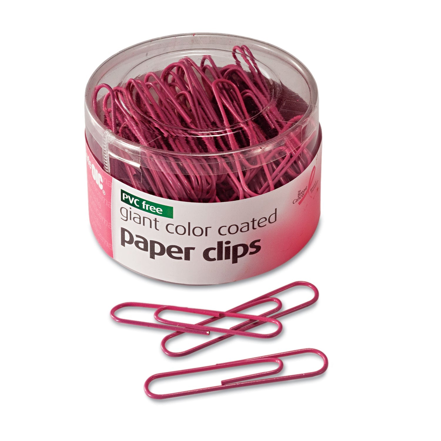 Officemate Pink Coated Paper Clips, Breast Cancer Awareness, Giant, PET-Coated, Pink, 80/Pack