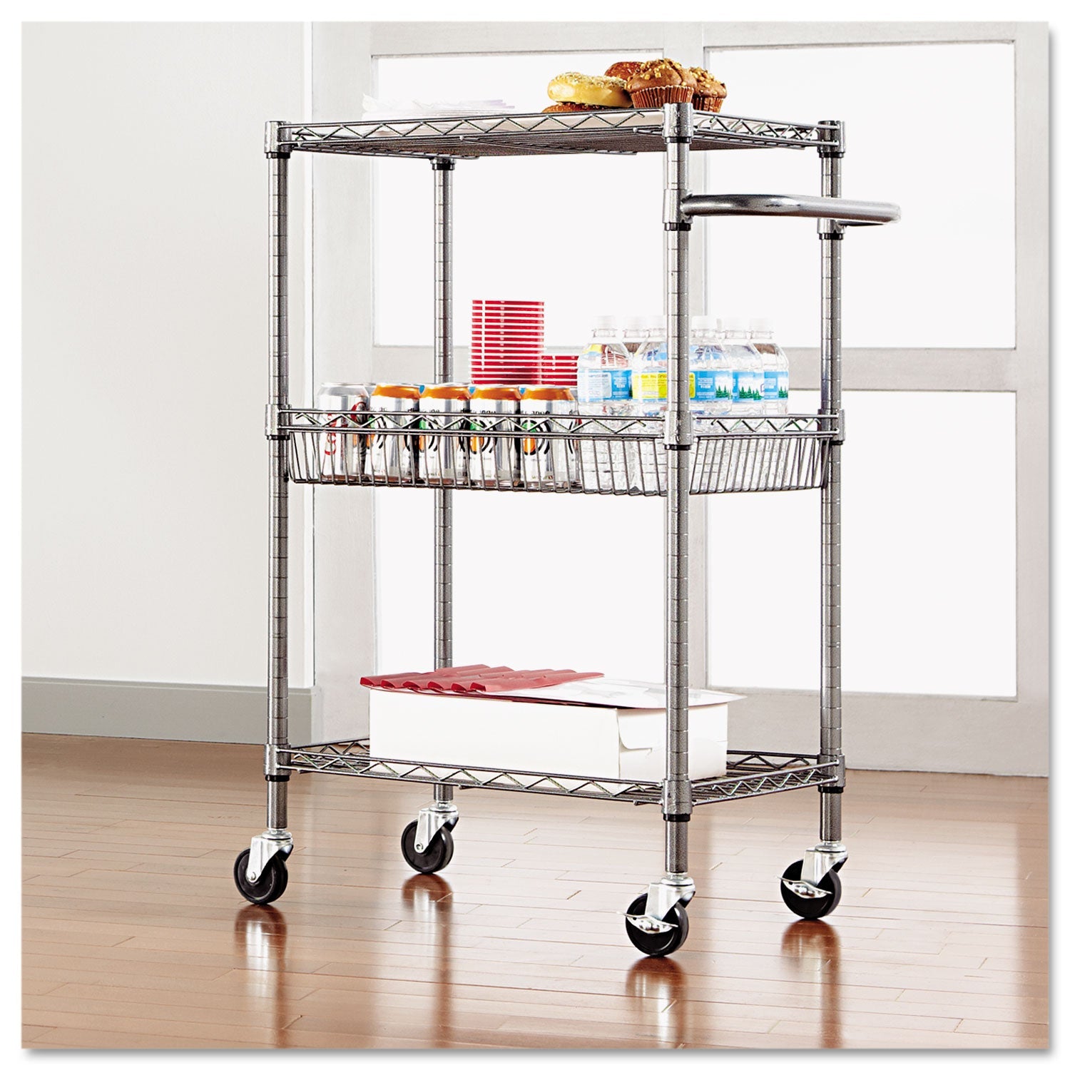 Alera® Three-Tier Wire Cart with Basket, Metal, 2 Shelves, 1 Bin, 500 lb Capacity, 28" x 16" x 39", Black Anthracite