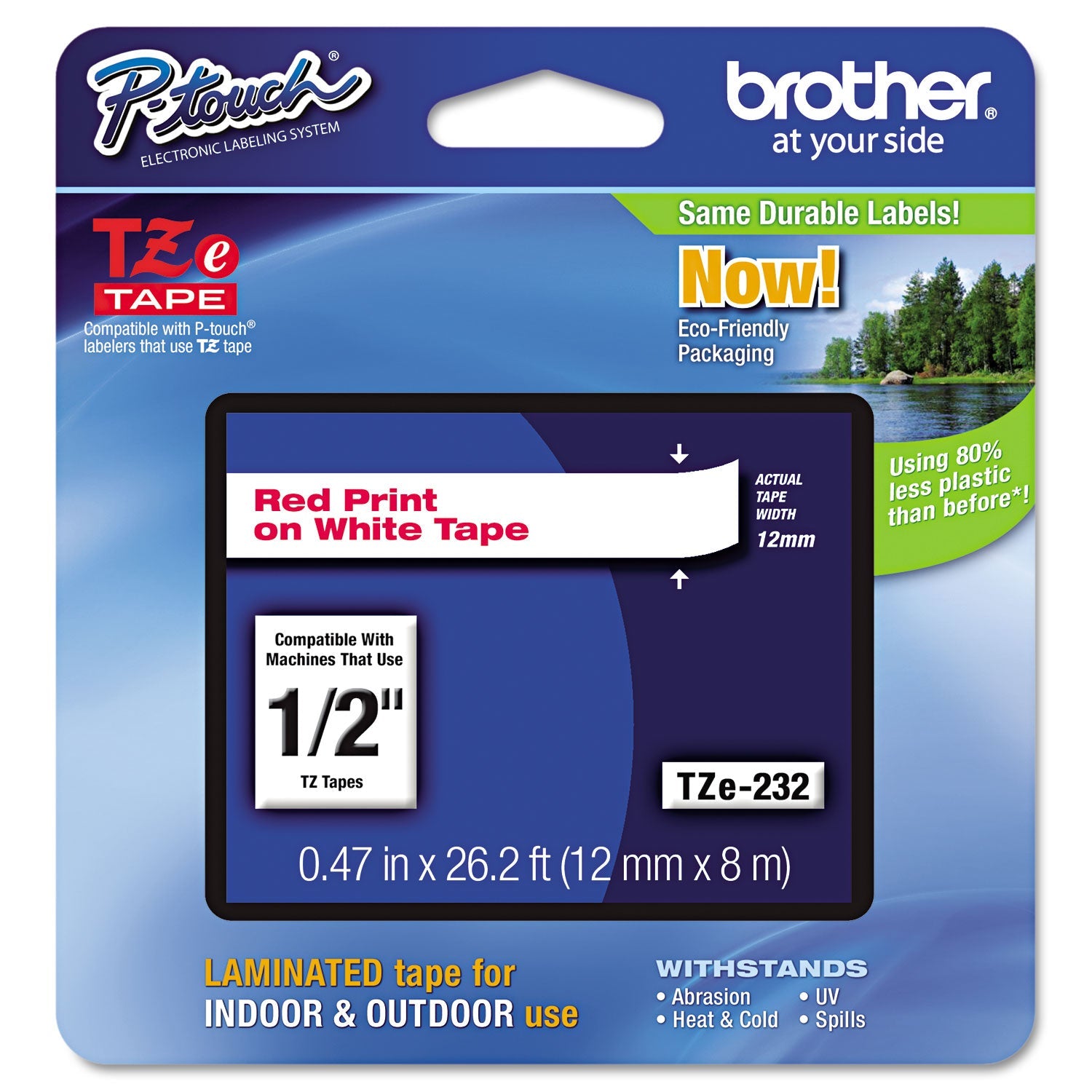 Brother P-Touch® Tze Standard Adhesive Laminated Labeling Tape, 0.47" X 26.2 Ft, Red On White