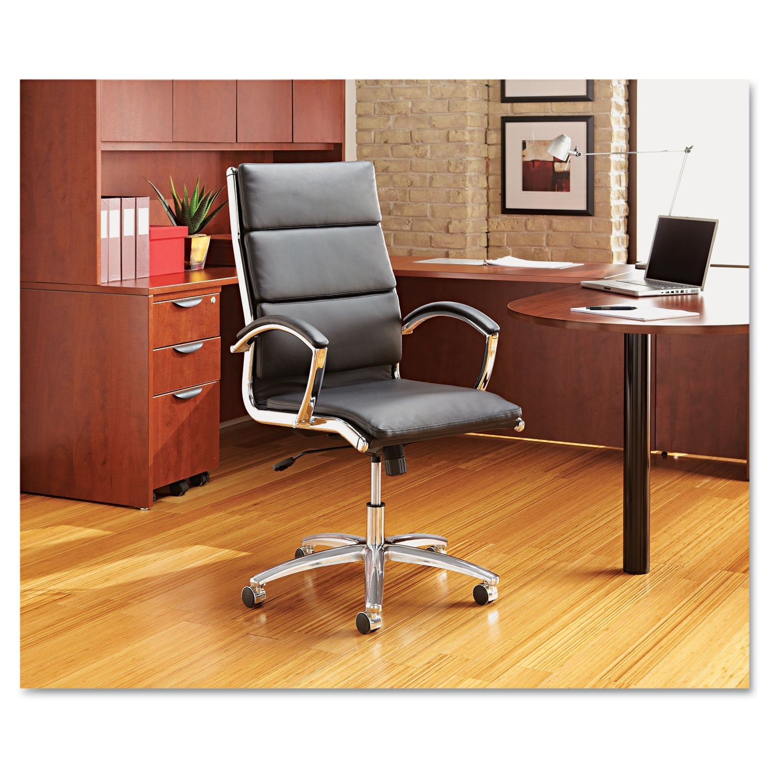 Alera® Alera Neratoli High-Back Slim Profile Chair, Faux Leather, 275 Lb Cap, 17.32" To 21.25" Seat Height, Black Seat/back, Chrome