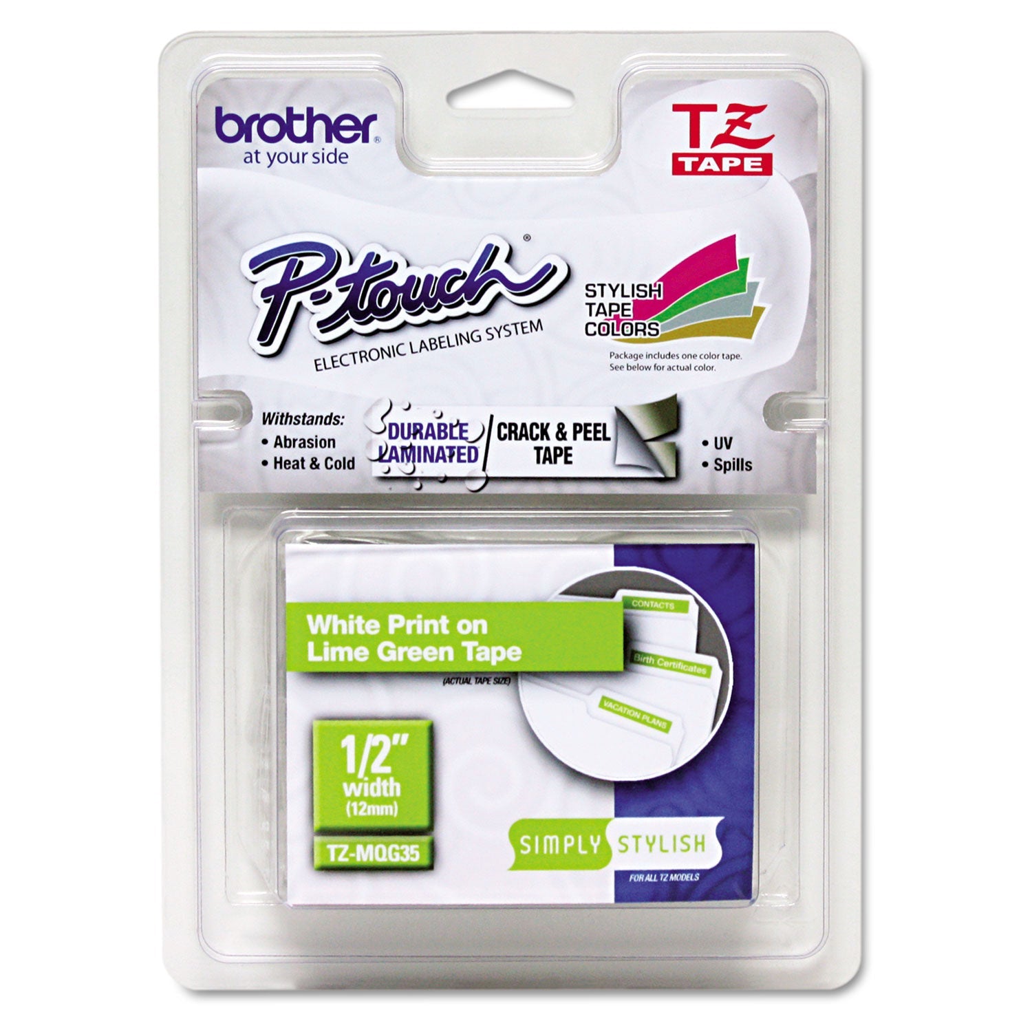 P-Touch Standard Laminated Label Tape | Wht/Lime Grn