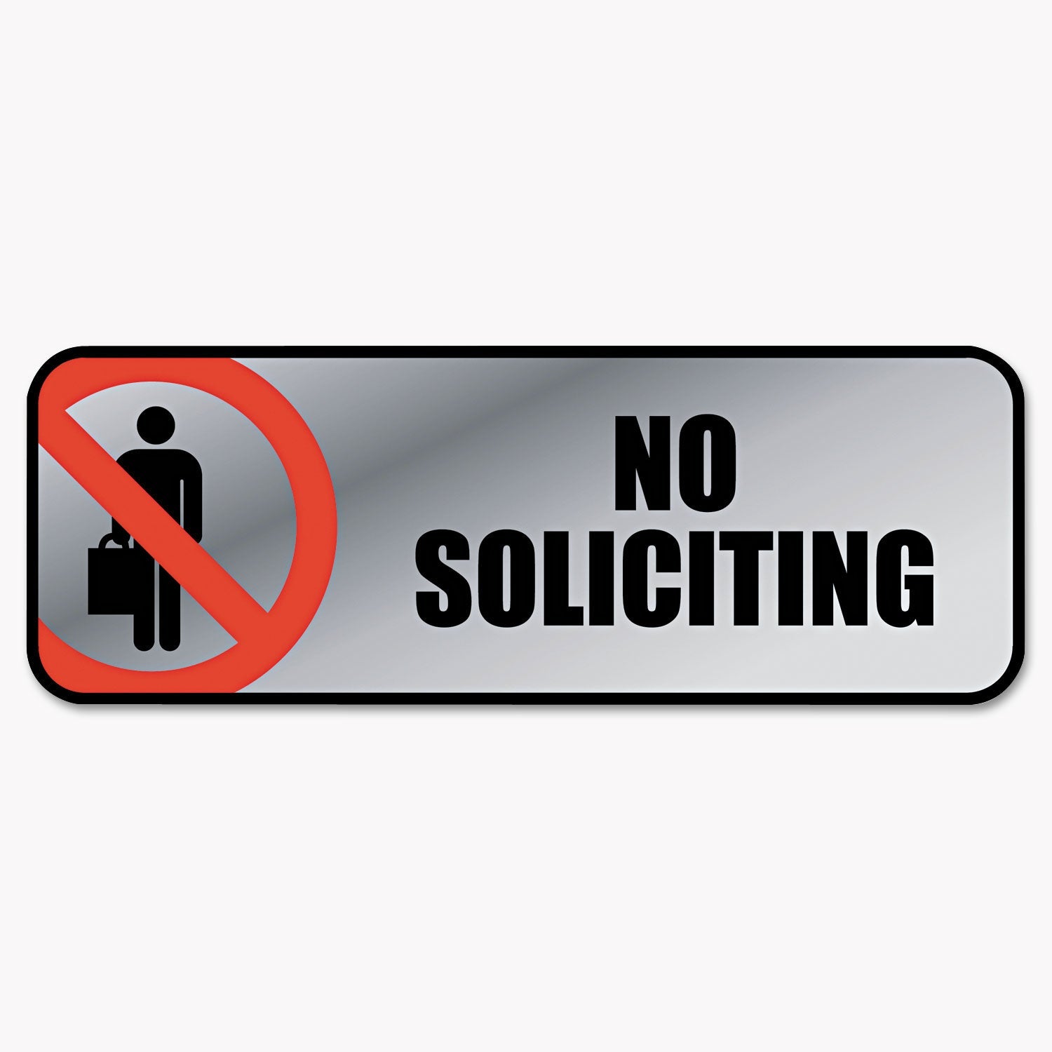 COSCO Brushed Metal Office Sign, No Soliciting, 9 X 3, Silver/red