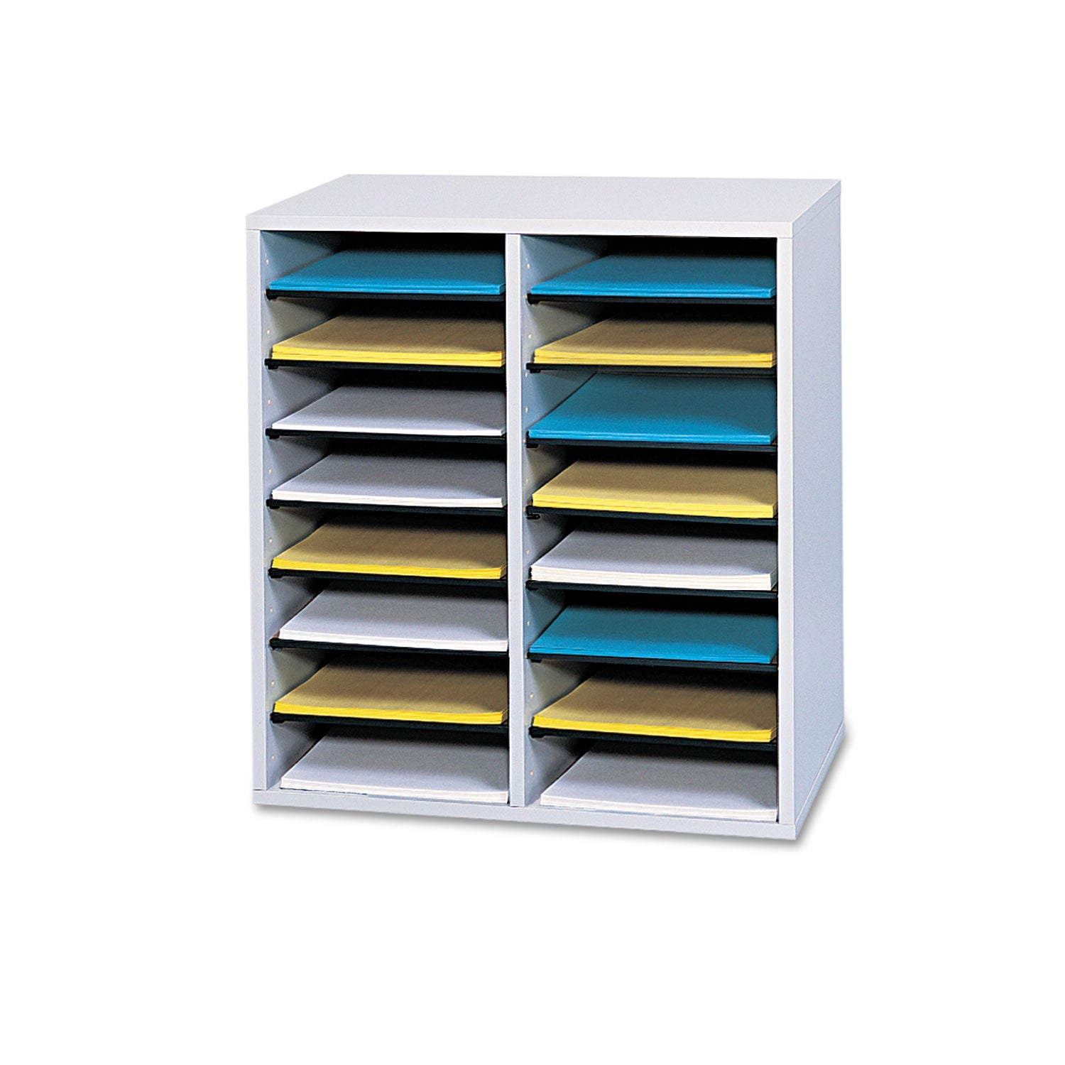 Safco® Wood/Laminate Literature/CD Sorter, 16 Compartments, 19.5 x 11.75 x 21, Gray Wood