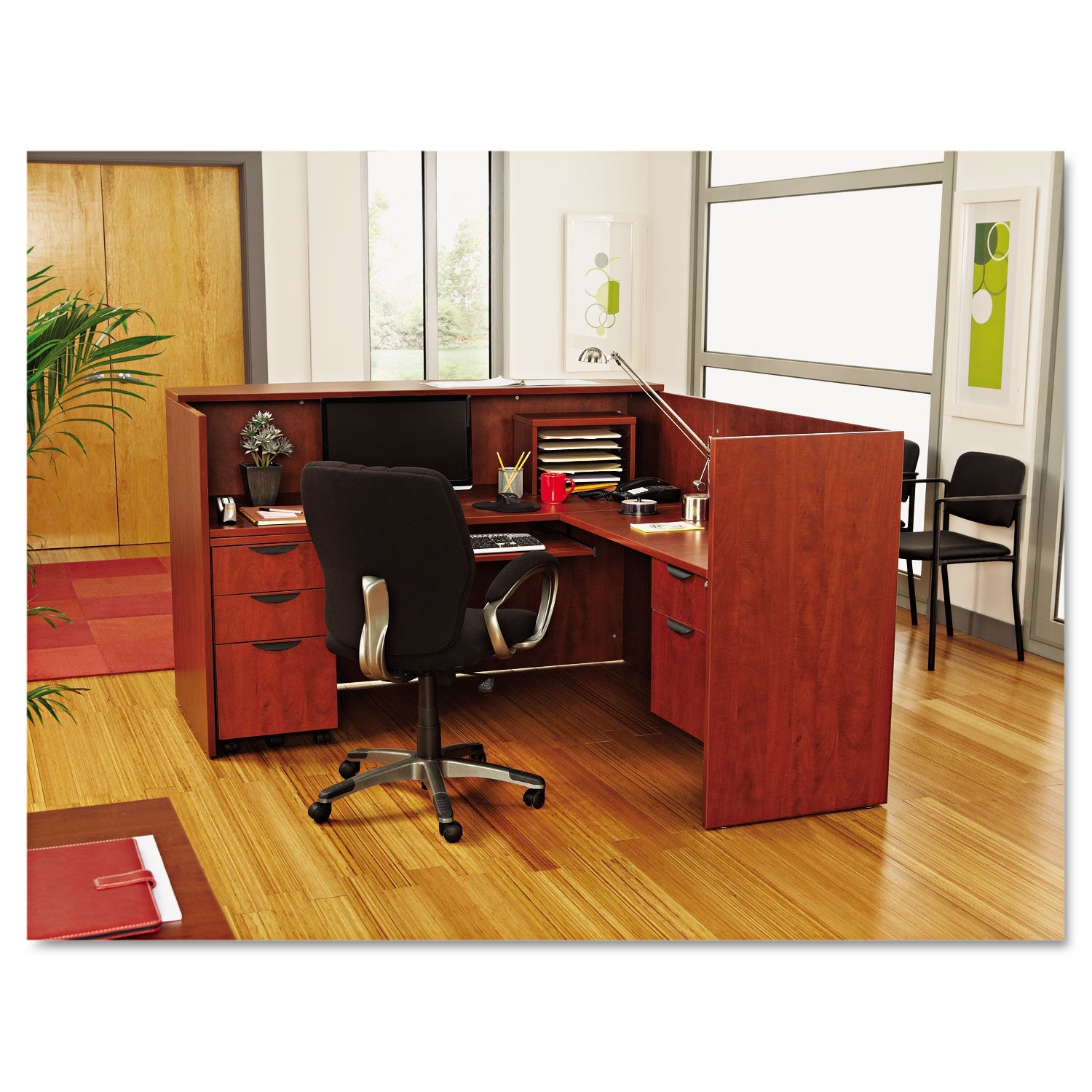 Alera® Alera Valencia Series Reception Desk With Transaction Counter, 71" X 35.5" X 29.5" To 42.5", Medium Cherry