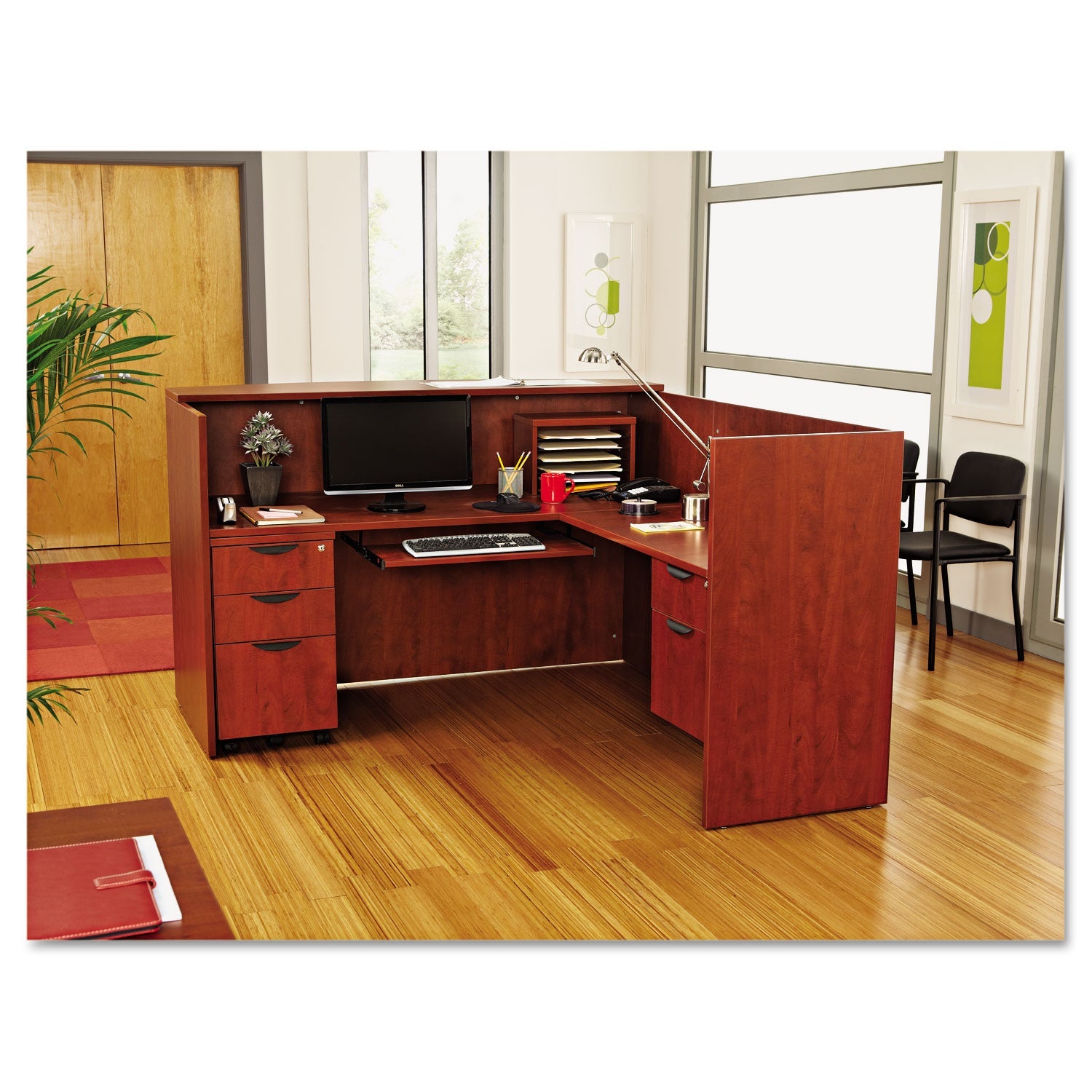 Alera® Alera Valencia Series Reception Desk With Transaction Counter, 71" X 35.5" X 29.5" To 42.5", Medium Cherry