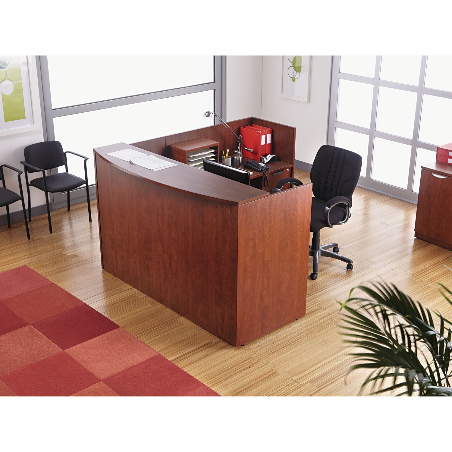Alera® Alera Valencia Series Reception Desk With Transaction Counter, 71" X 35.5" X 29.5" To 42.5", Medium Cherry