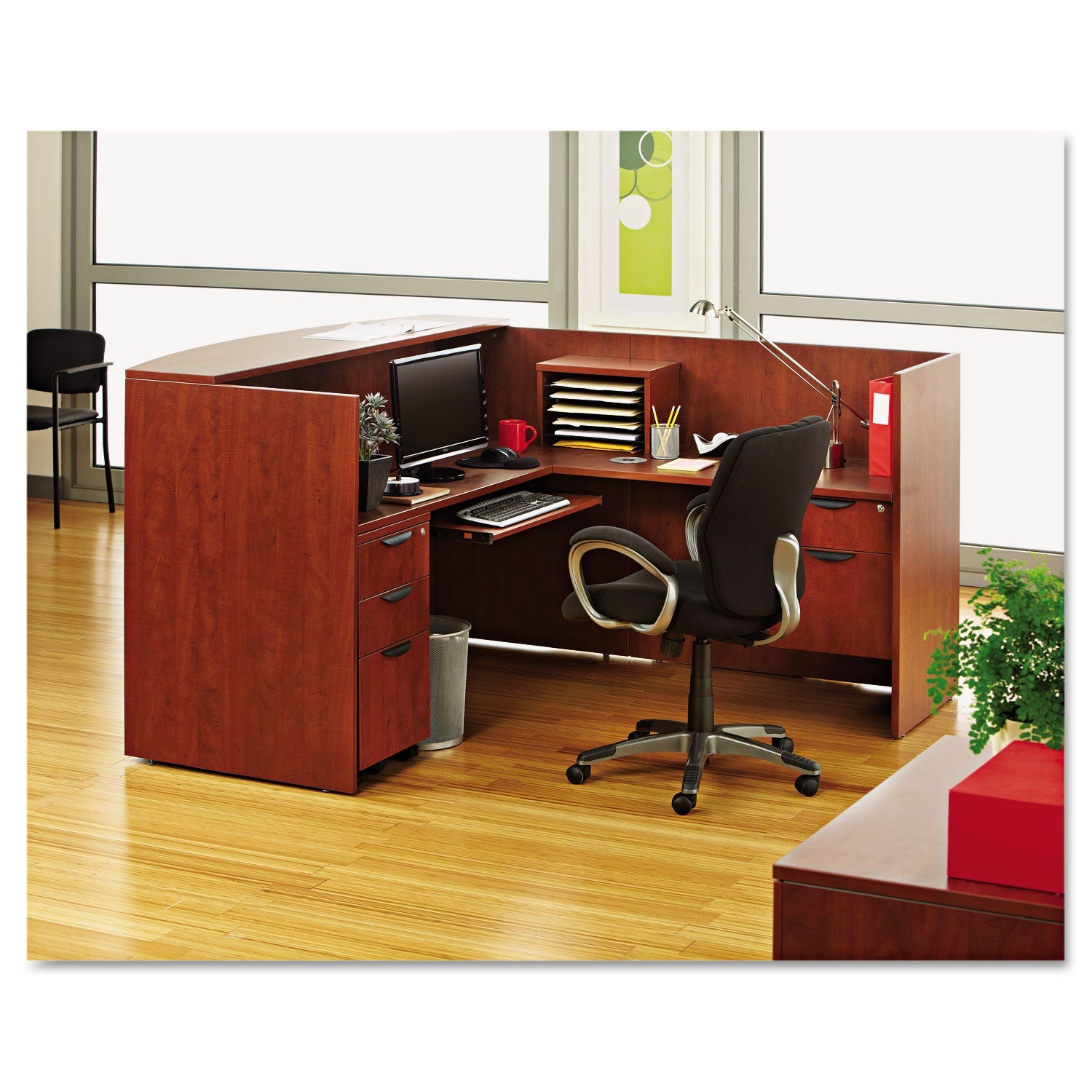 Alera® Alera Valencia Series Reception Desk With Transaction Counter, 71" X 35.5" X 29.5" To 42.5", Medium Cherry