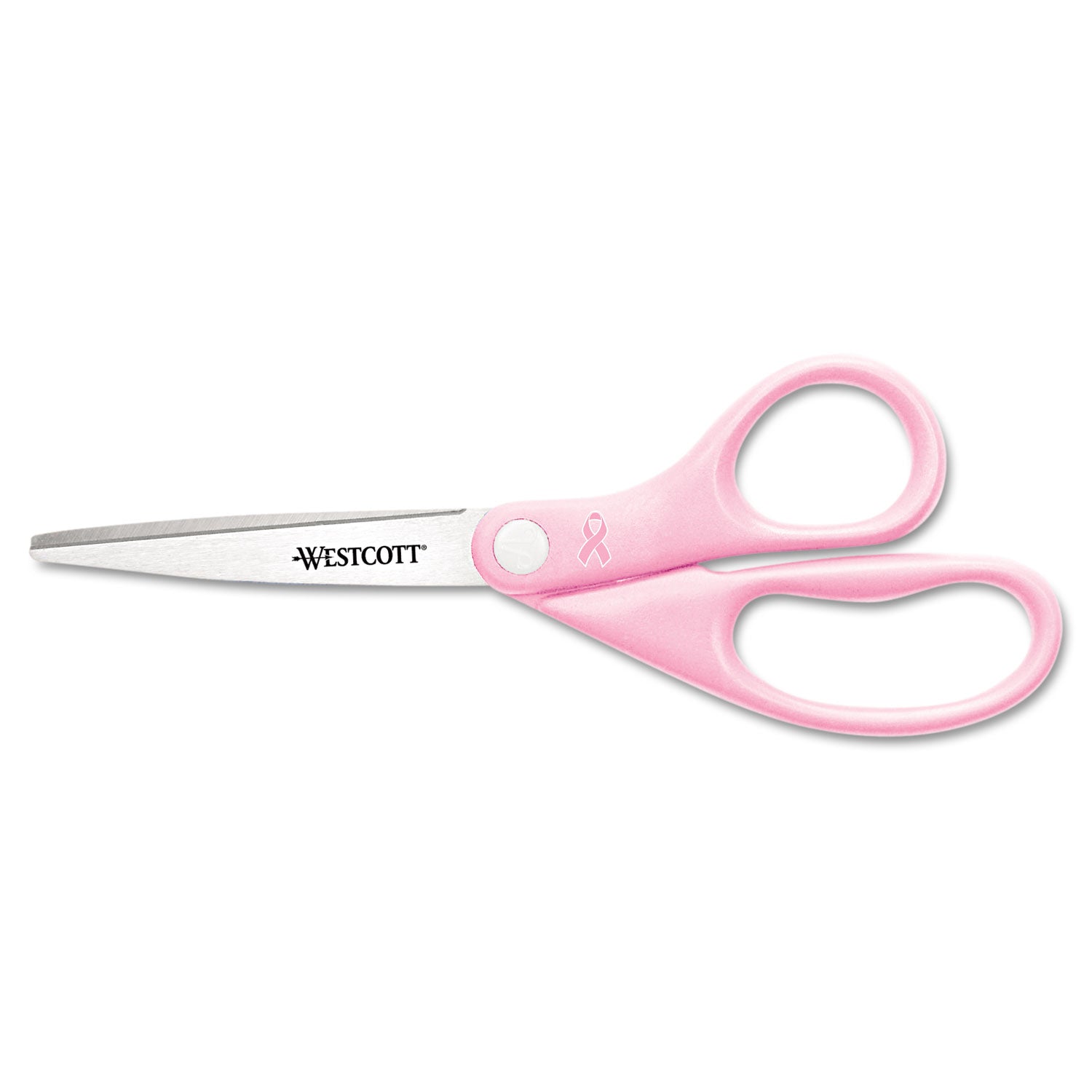 Westcott® All Purpose Pink Ribbon Scissors, Breast Cancer Awareness, 8" Long, 3.5" Cut Length, Straight Pink Handle