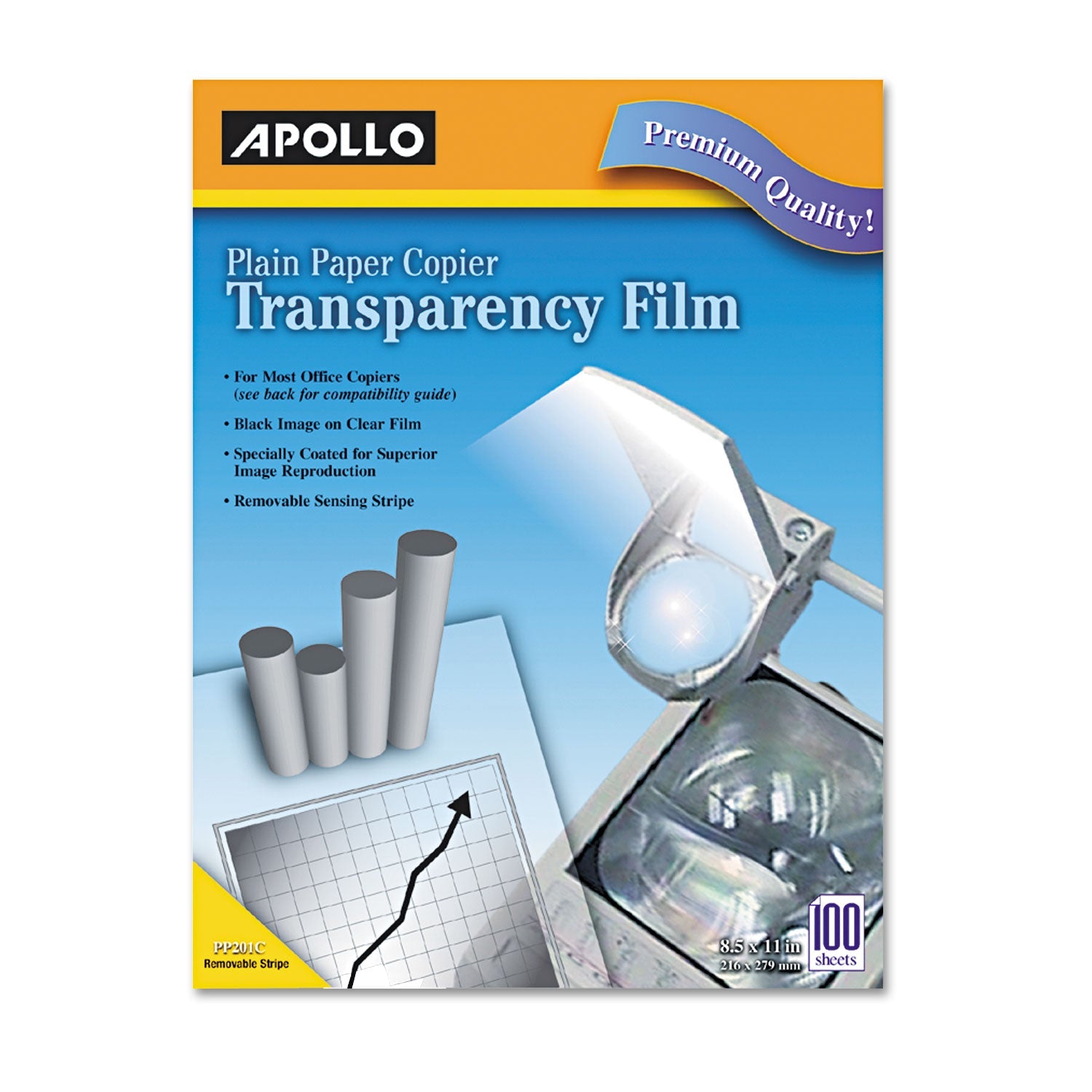 Apollo® Plain Paper Laser Transparency Film With Handling Strip, 8.5 X 11, Black On Clear, 100/box