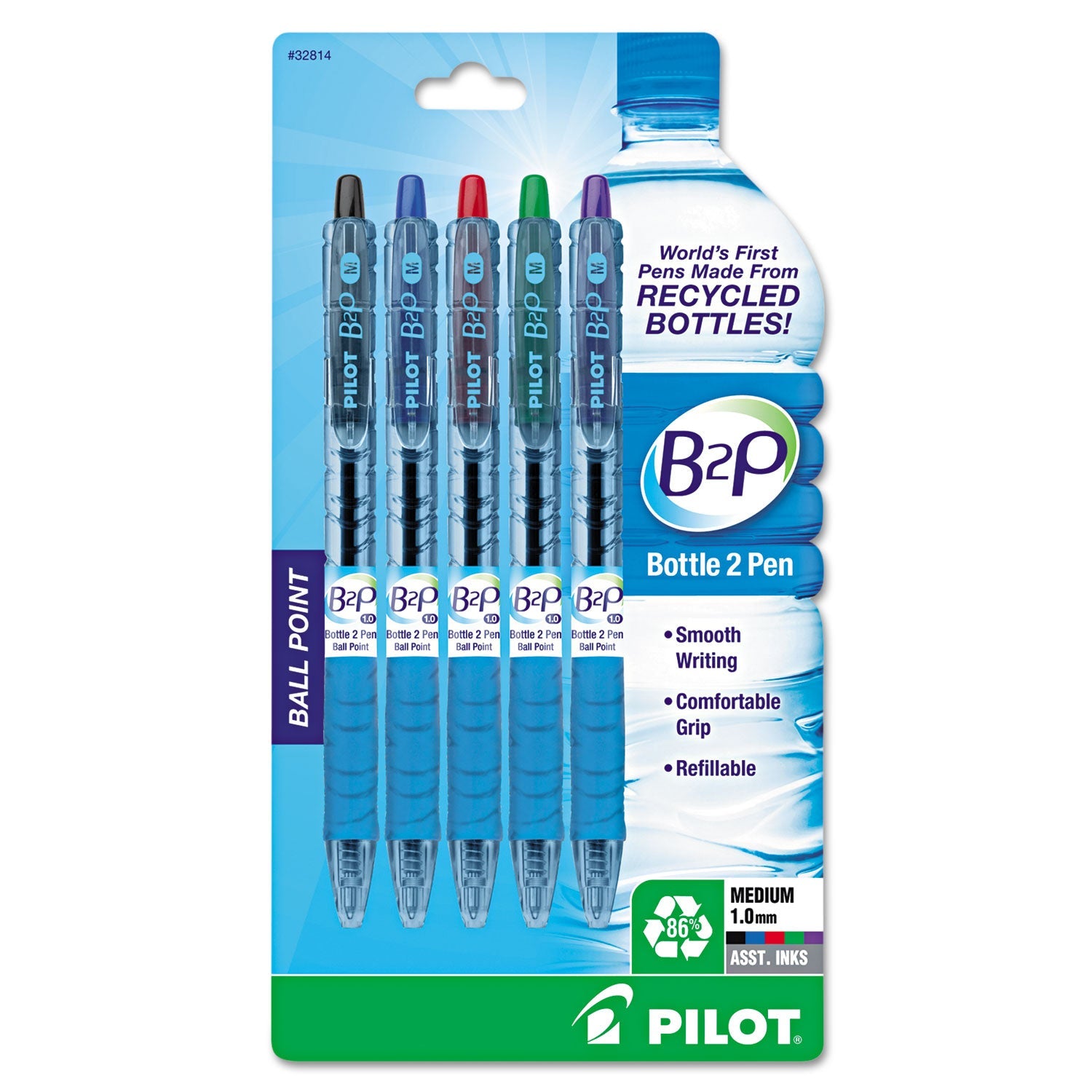 Pilot® B2p Bottle-2-Pen Recycled Ballpoint Pen, Retractable, Medium 1 Mm, Assorted Ink Colors, Translucent Blue Barrel, 5/pack