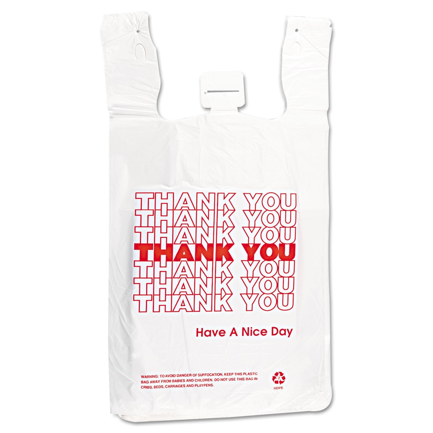 Inteplast Group HDPE T-Shirt Bags, Thank You - Have a Nice Day Labeling, Cut-Out Handles, 12" x 7" x 23", White/Red, 500/Carton