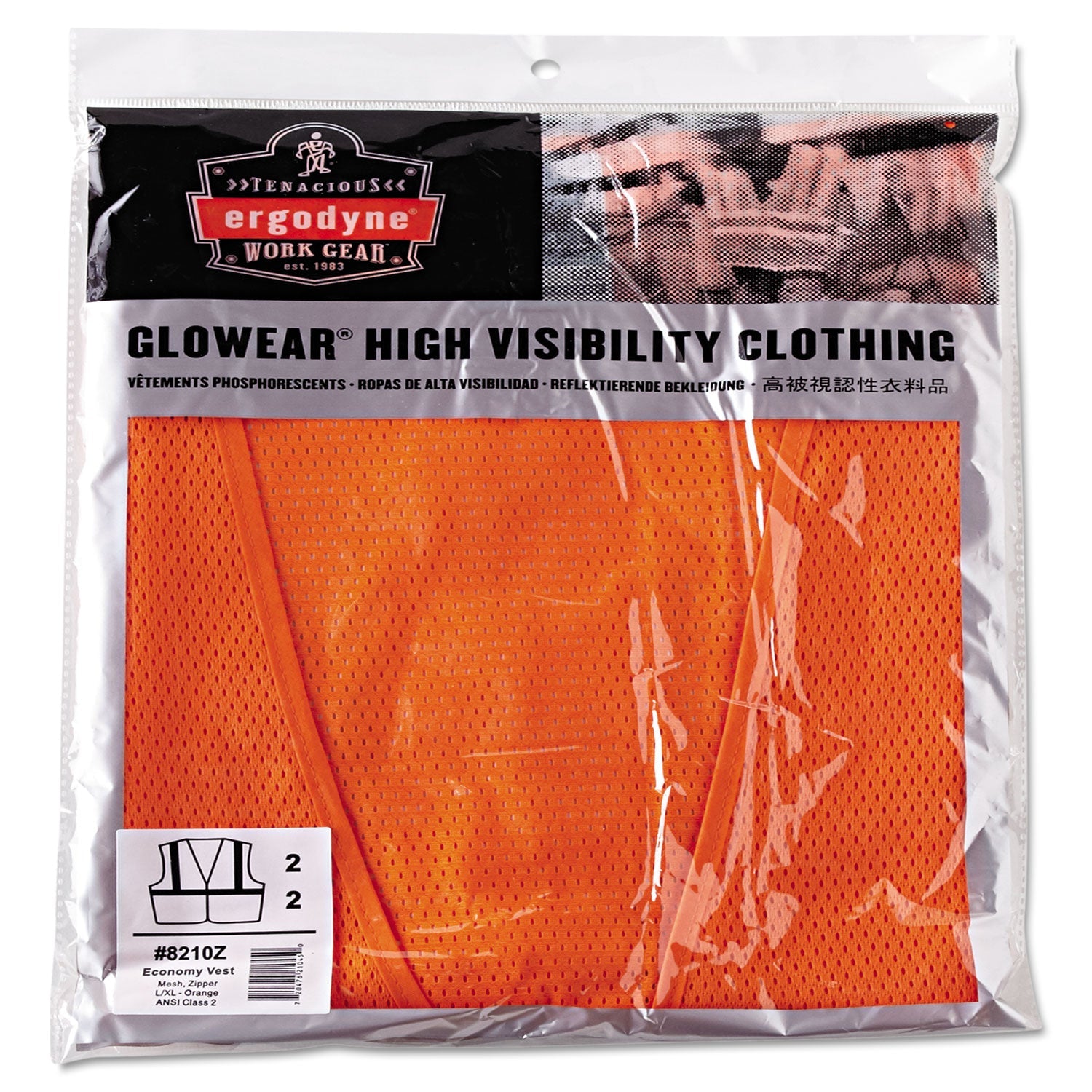 ergodyne® GloWear 8210Z Class 2 Economy Vest, Polyester Mesh, Zipper Closure, Large to X-Large, Orange