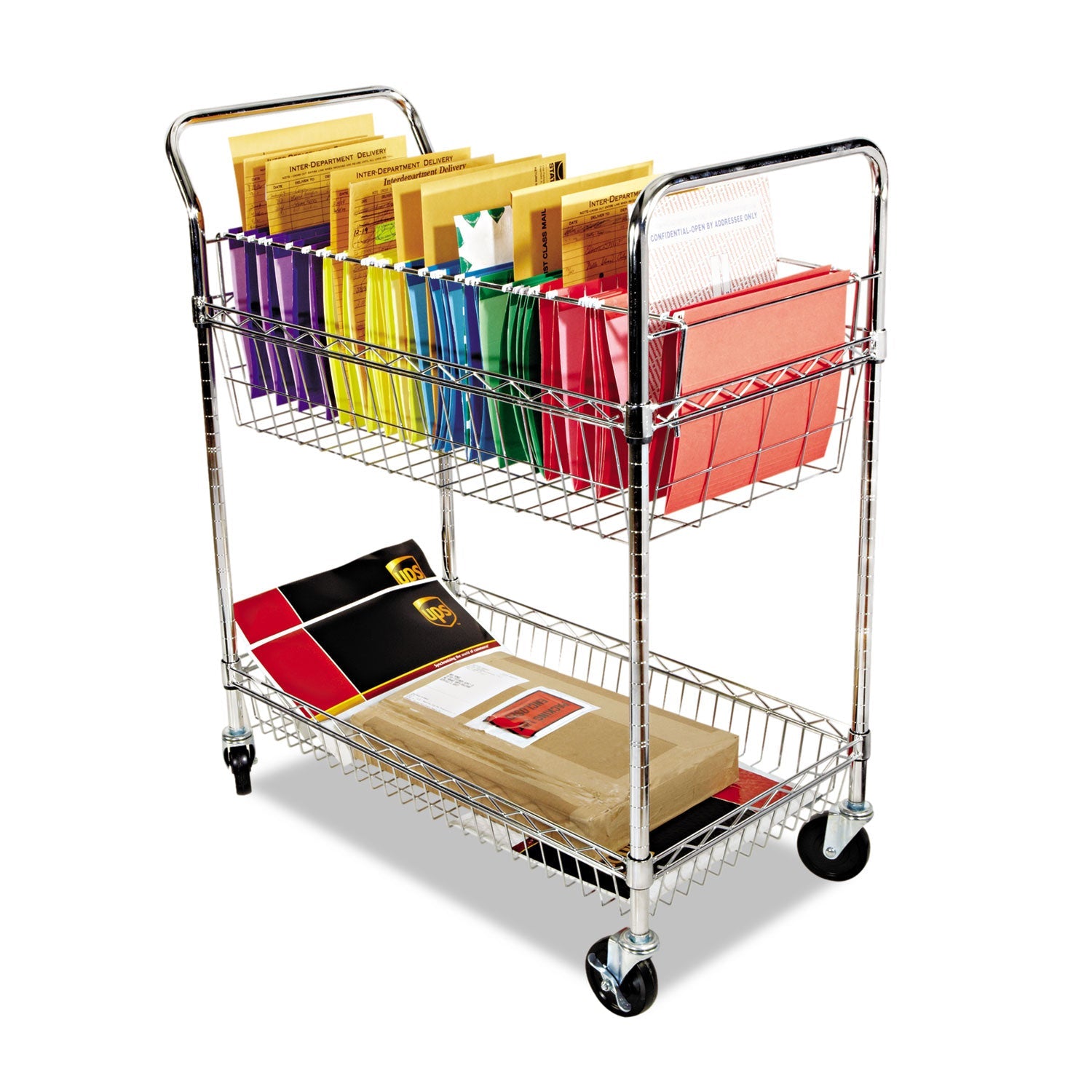 Alera® Carry-all Mail Cart, Metal, 1 Shelf, 1 Bin, 34.88" x 18" x 39.5", Silver