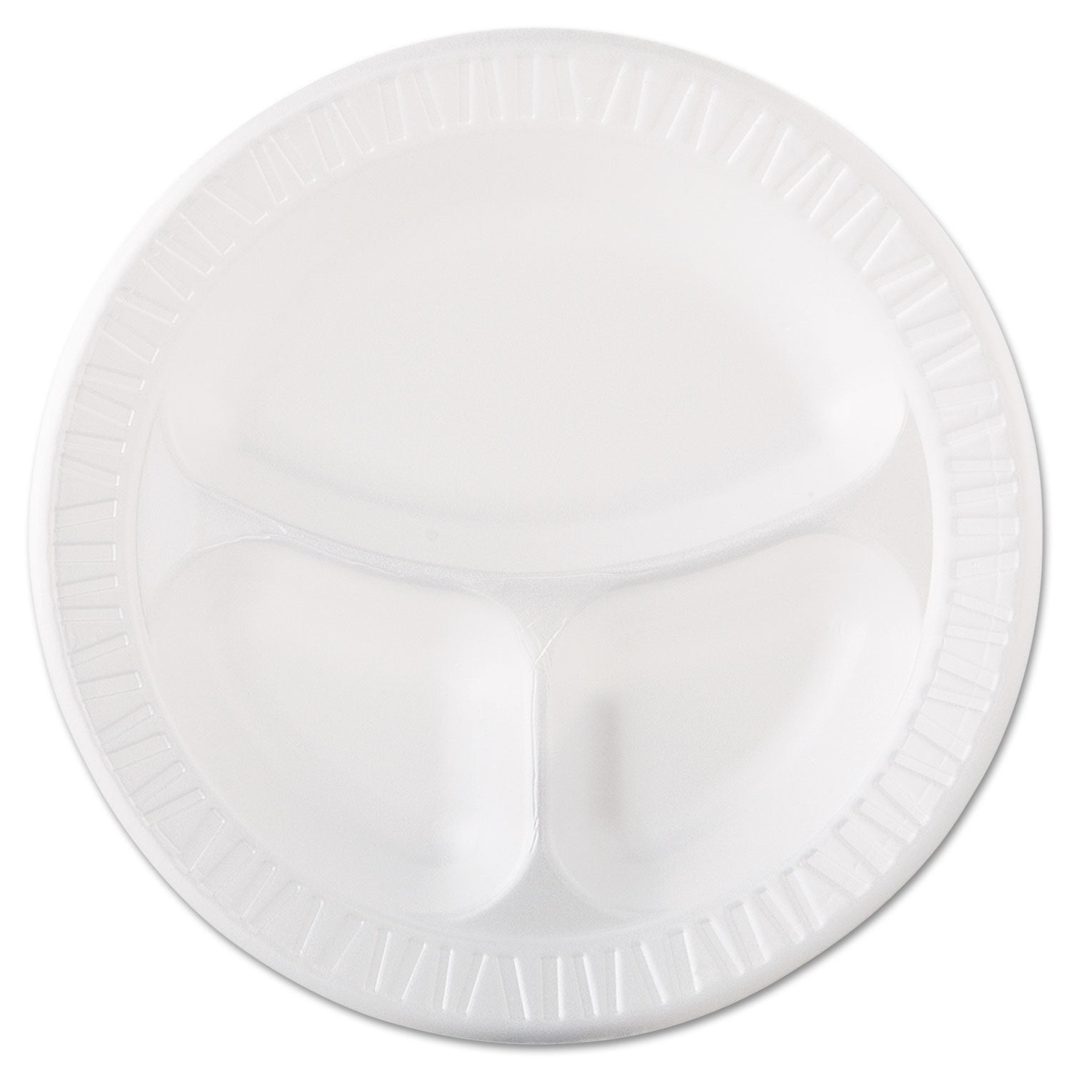 Dart® Quiet Class Laminated Foam Dinnerware, 3-Compartment Plate, 10.25" dia, White, 125/Pack, 4 Packs/Carton
