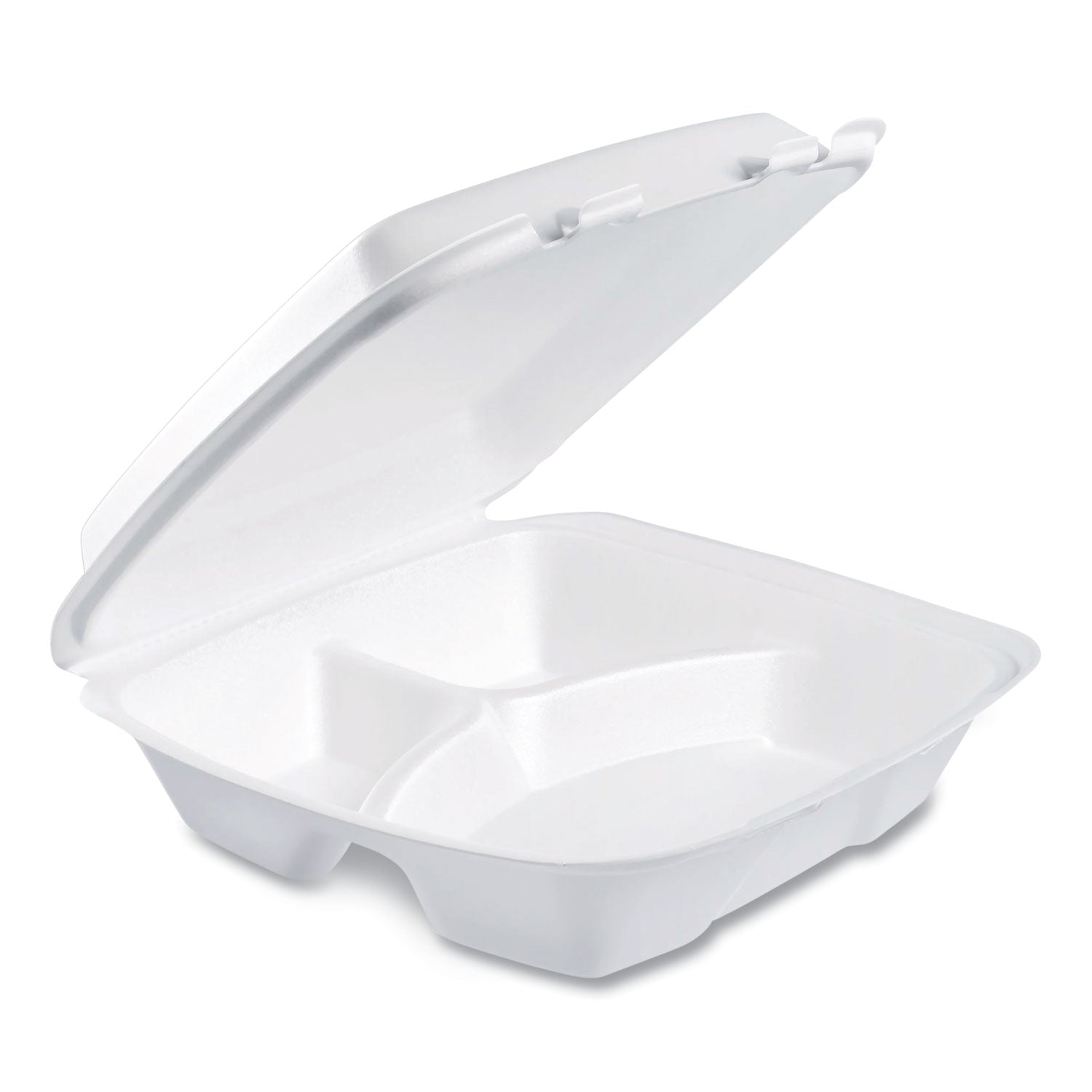 Dart® Foam Hinged Lid Container, Performer Perforated Lid, 3 Compartments, 9 x 9.4 x 3, White, 100/Bag, 2 Bag/Carton