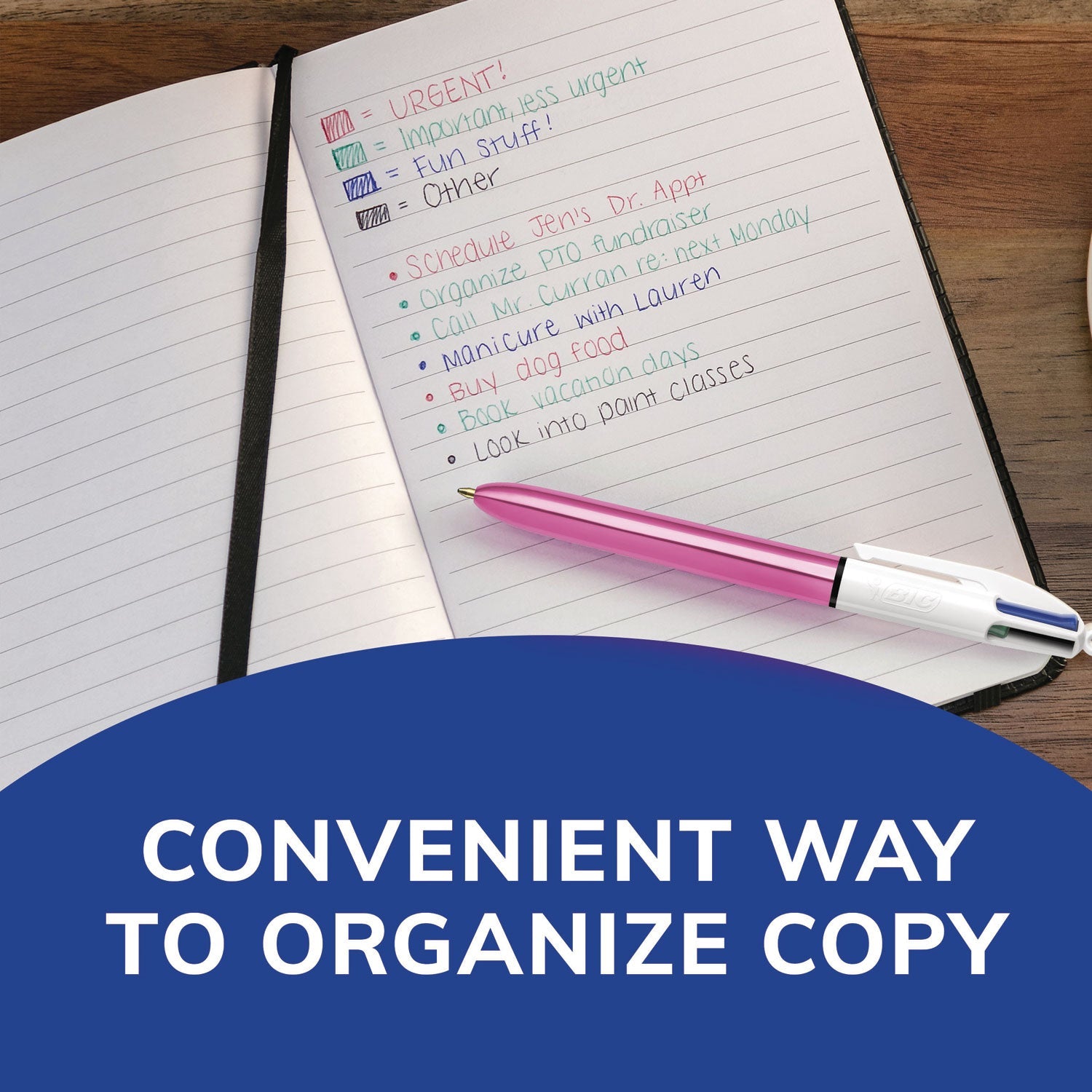 BIC® 4-Color Multi-Color Ballpoint Pen, Retractable, Medium 1mm, Black/Blue/Green/Red Ink, Blue/White Barrel