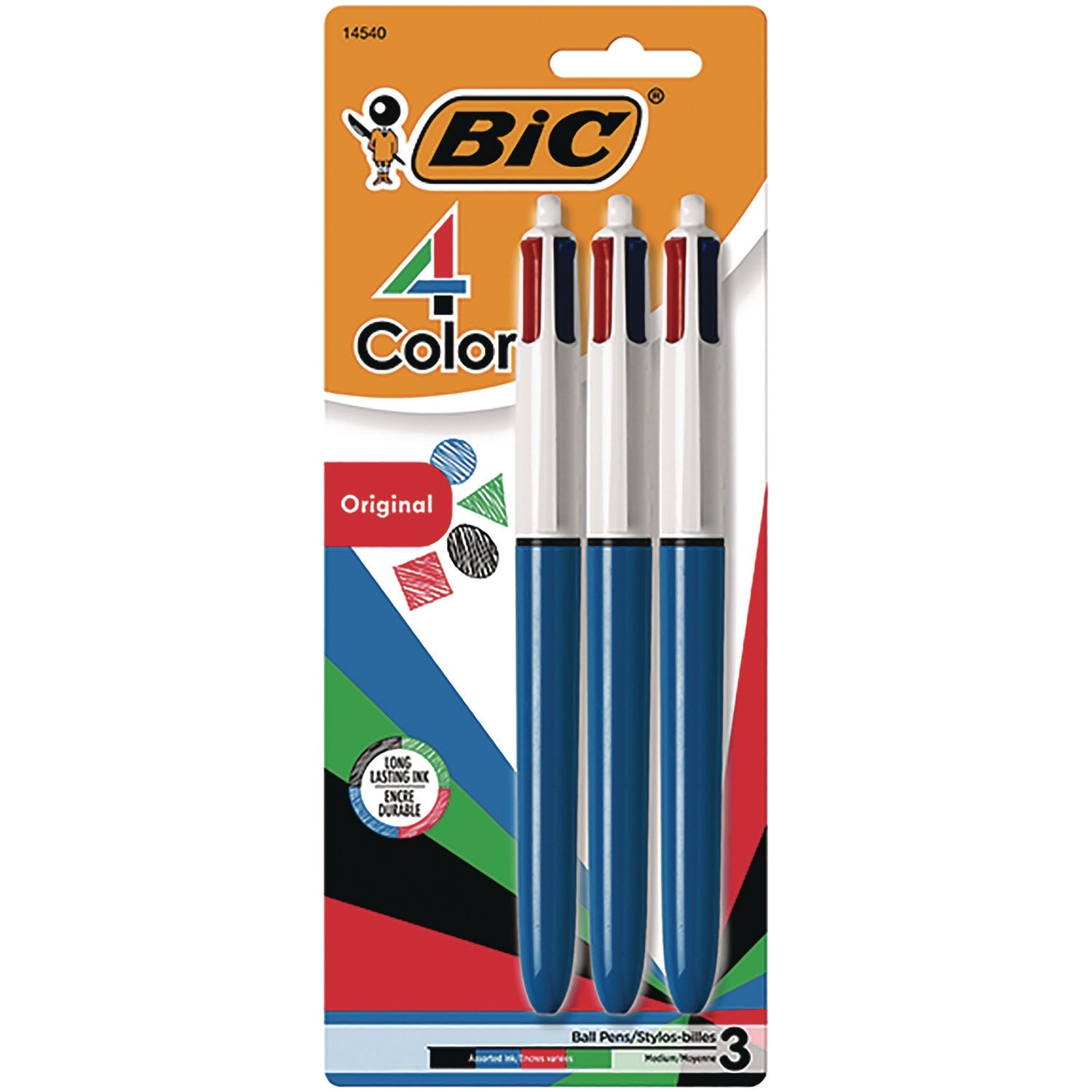 BIC® 4-Color Ballpoint Pen, Retractable, Medium 1 mm, Black/Blue/Green/Red Ink Colors, Randomly Assorted Barrel Colors, 3/PK