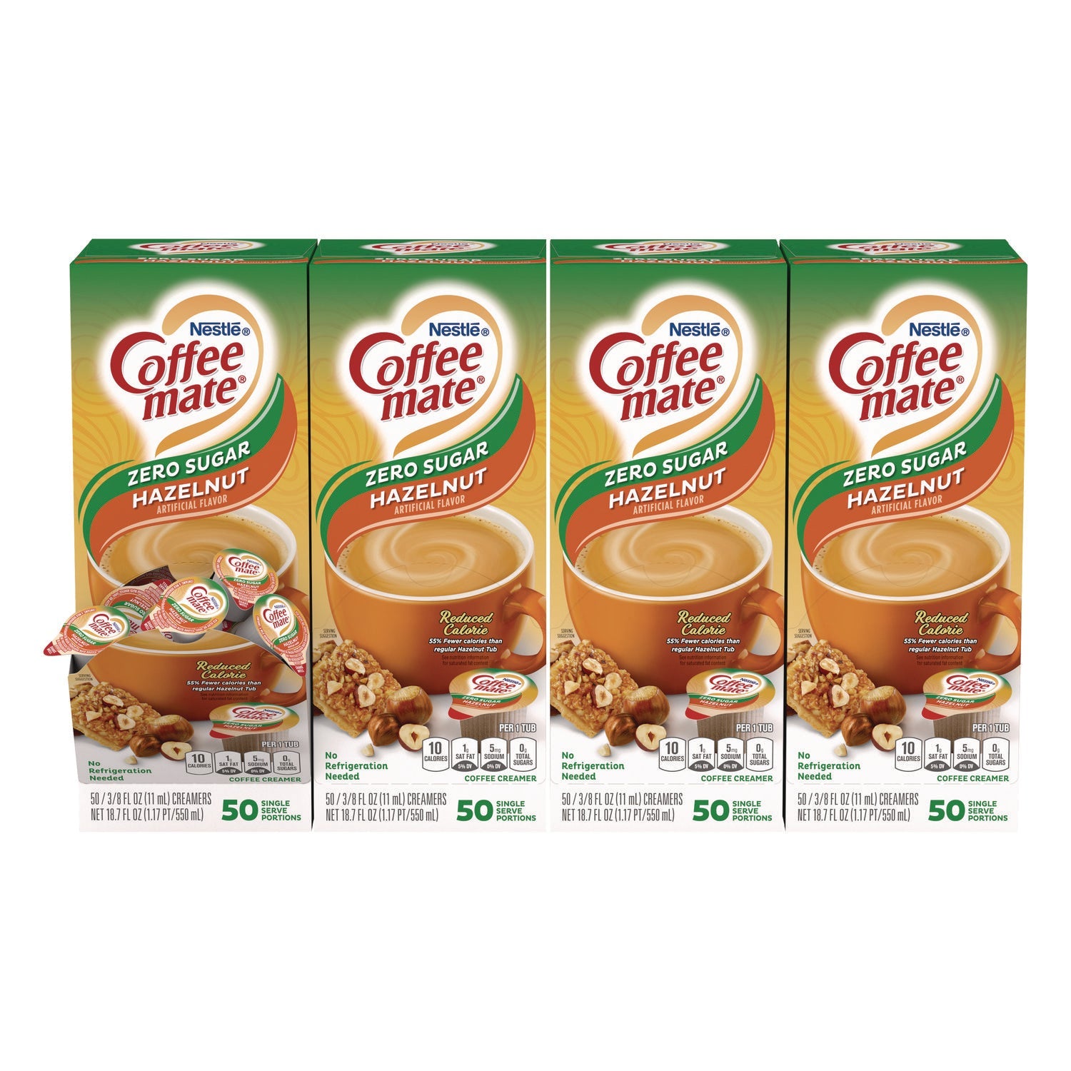 Coffee mate® Liquid Coffee Creamer, Zero Sugar Hazelnut, 0.38 oz Mini Cups, 50/Box, 4 Boxes/Carton