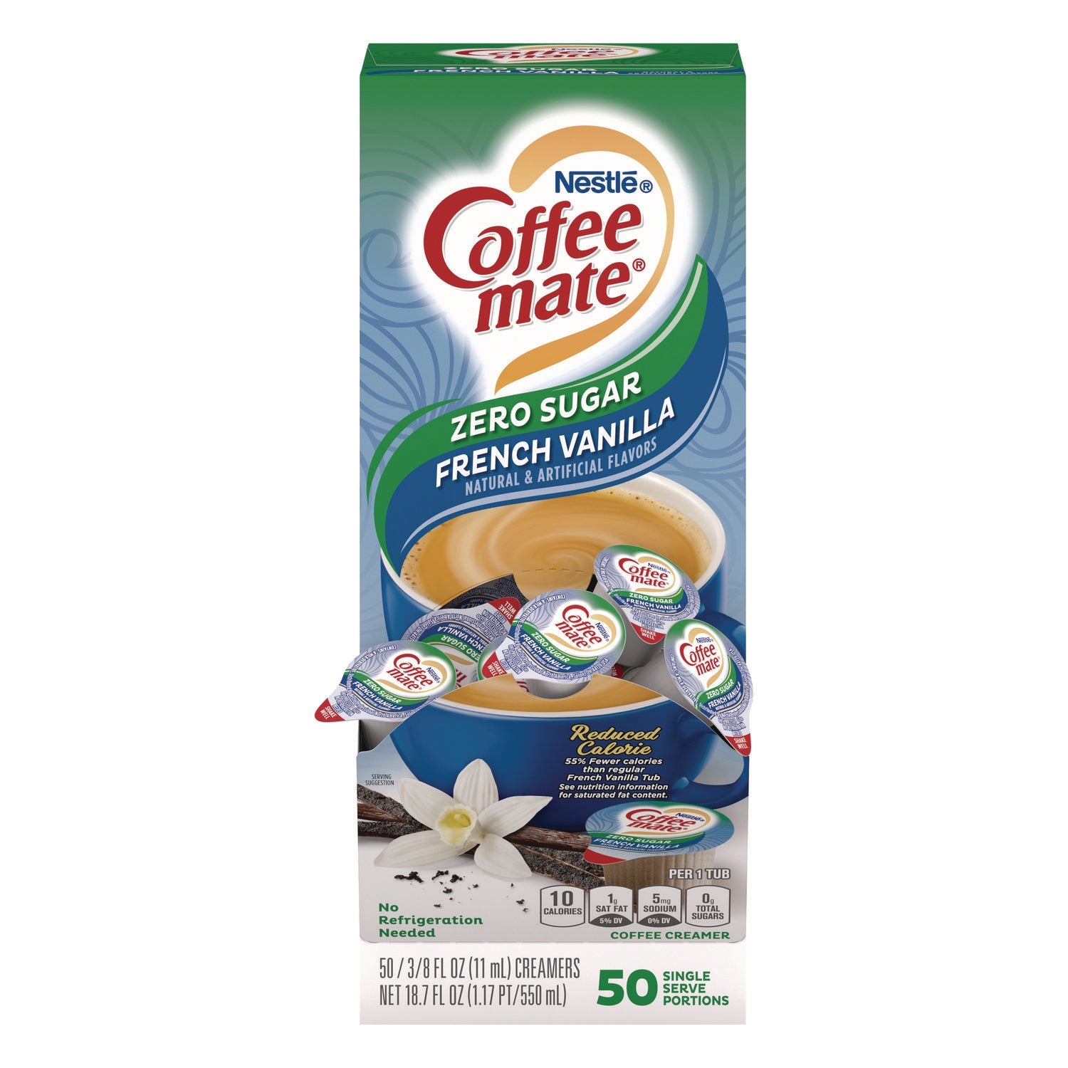 Coffee mate® Liquid Coffee Creamer, Zero Sugar French Vanilla, 0.38 oz Mini Cups, 50/Box