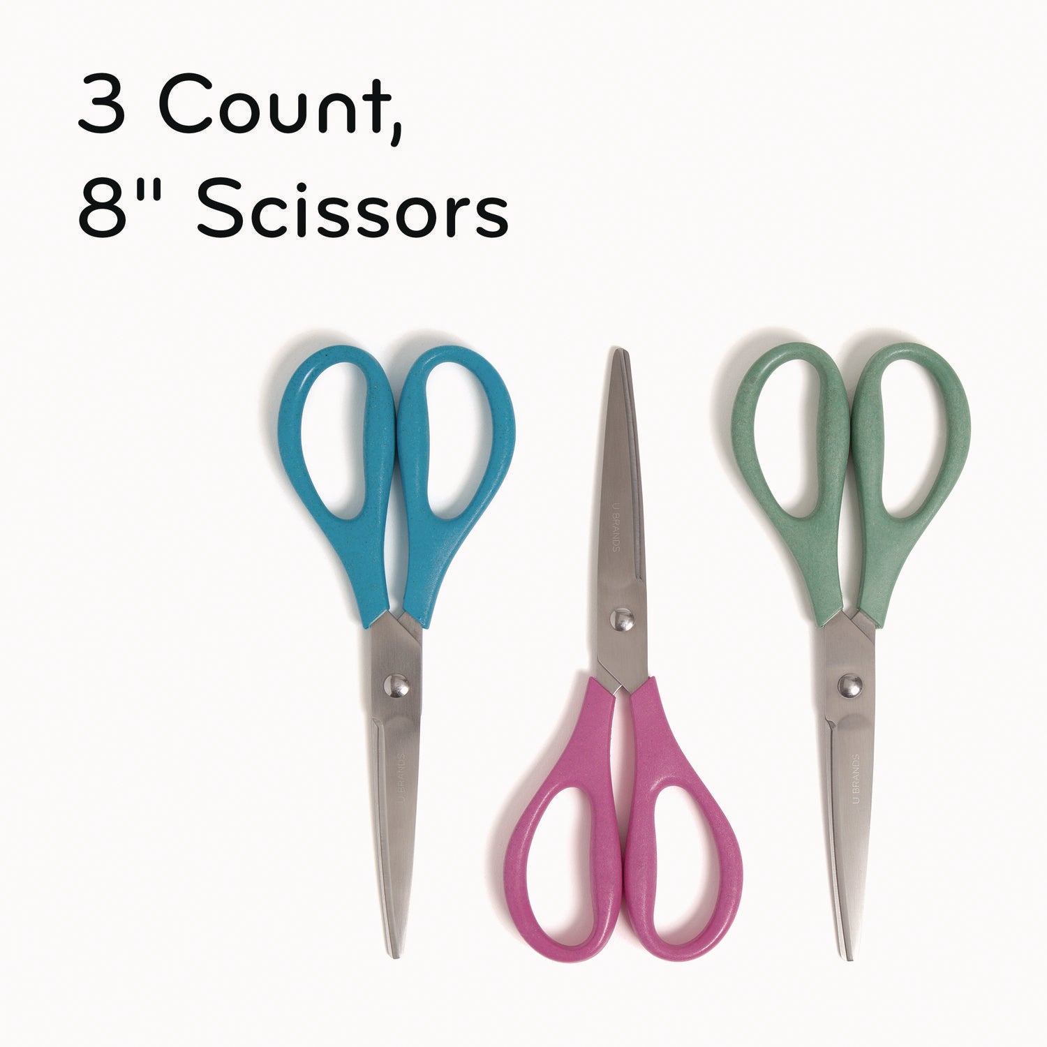 U Brands U-Eco Scissors, 9.45" Long, 3" Cut Length, Straight Assorted Color Handles, 3/Pack
