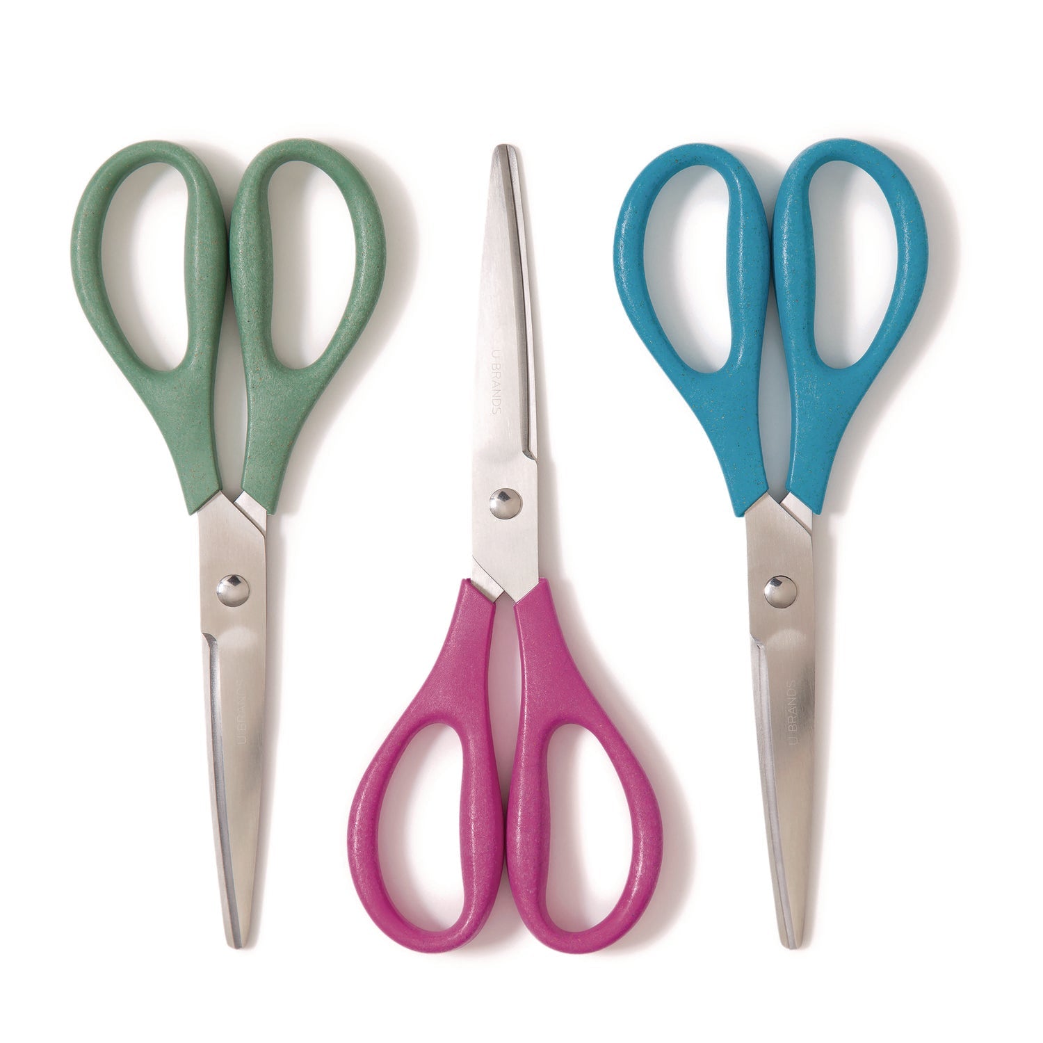U Brands U-Eco Scissors, 9.45" Long, 3" Cut Length, Straight Assorted Color Handles, 3/Pack