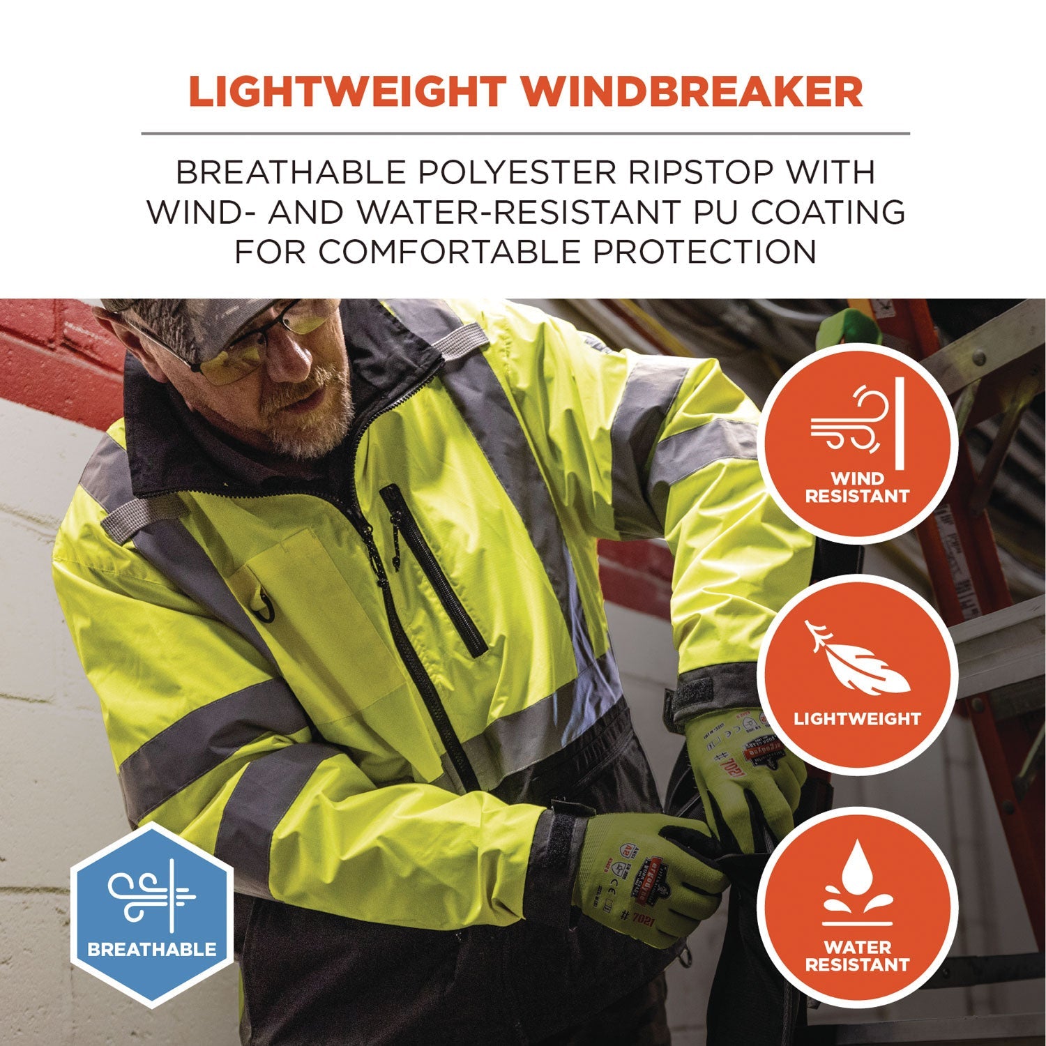 ergodyne® GloWear 8351 Class 3 Hi-Vis Windbreaker Water-Resistant Jacket, X-Large, Orange