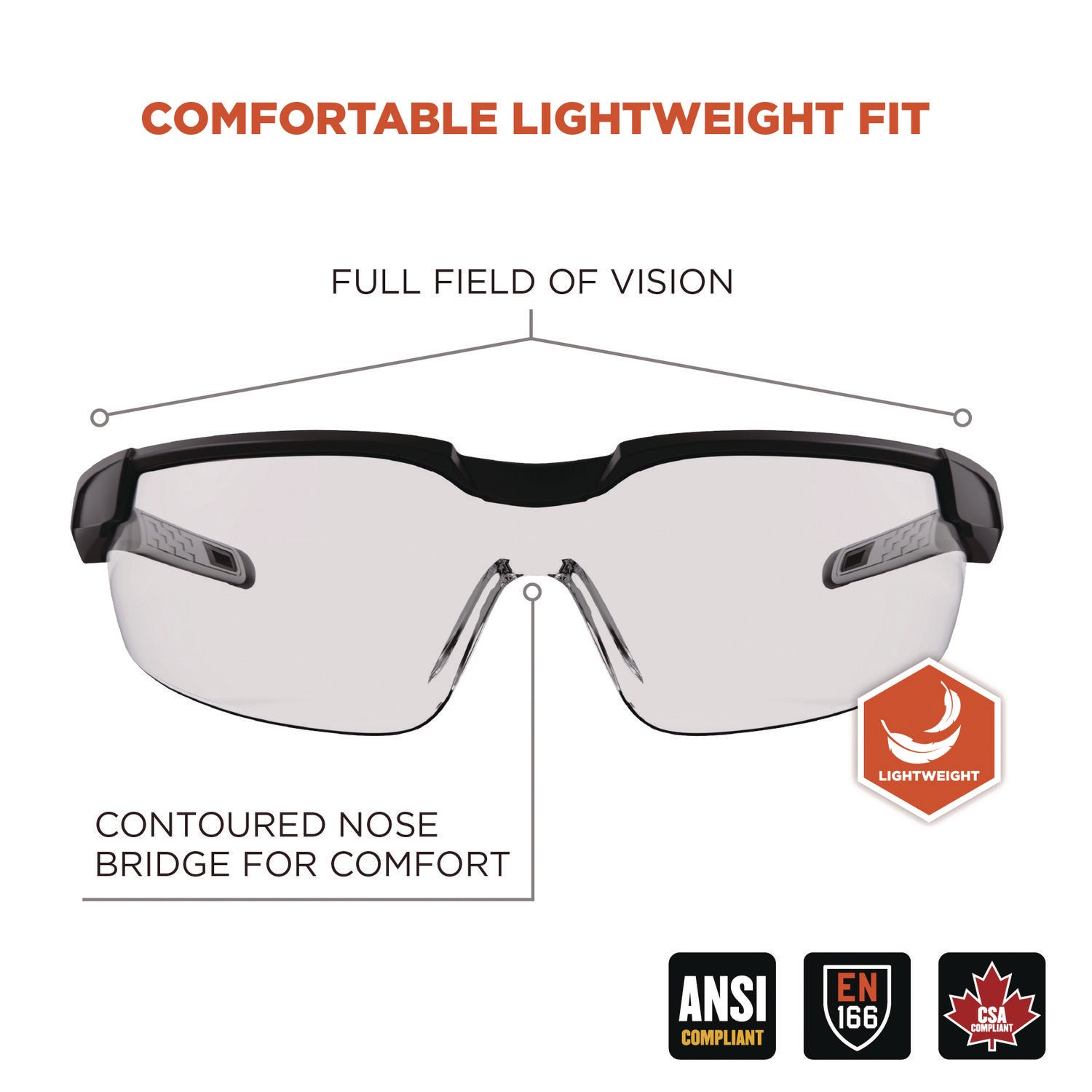 ergodyne® Skullerz DELLENGER Safety Glasses with Adjustable Temples, Matte Black Nylon Impact Frame, Clear Polycarbonate Lens