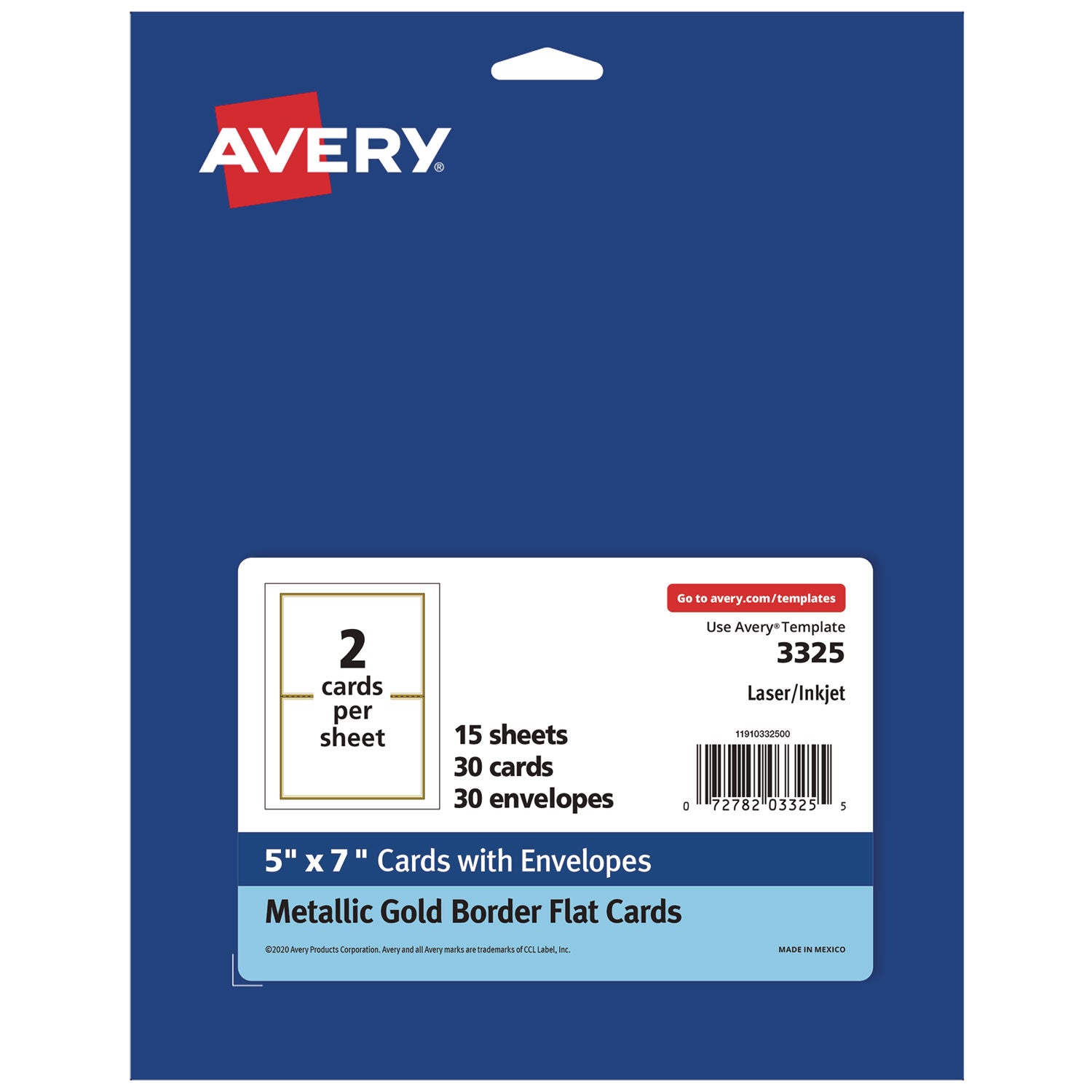 Avery® Invitation Cards with Metallic Border, Inkjet/Laser, 80 lb, 5 x 7, Matte White, 2 Cards/Sheet, 15 Sheets/Pack