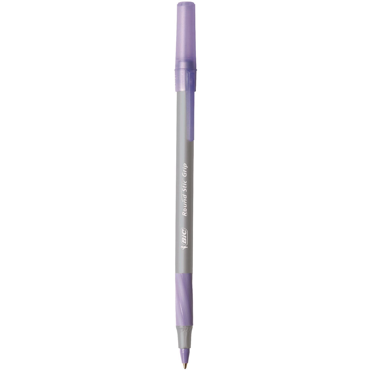 BIC® Round Stic Grip Xtra Comfort Ballpoint Pen, Easy-Glide System, Stick, Medium 1.2 mm, Purple Ink, Gray/Purple Barrel, Dozen