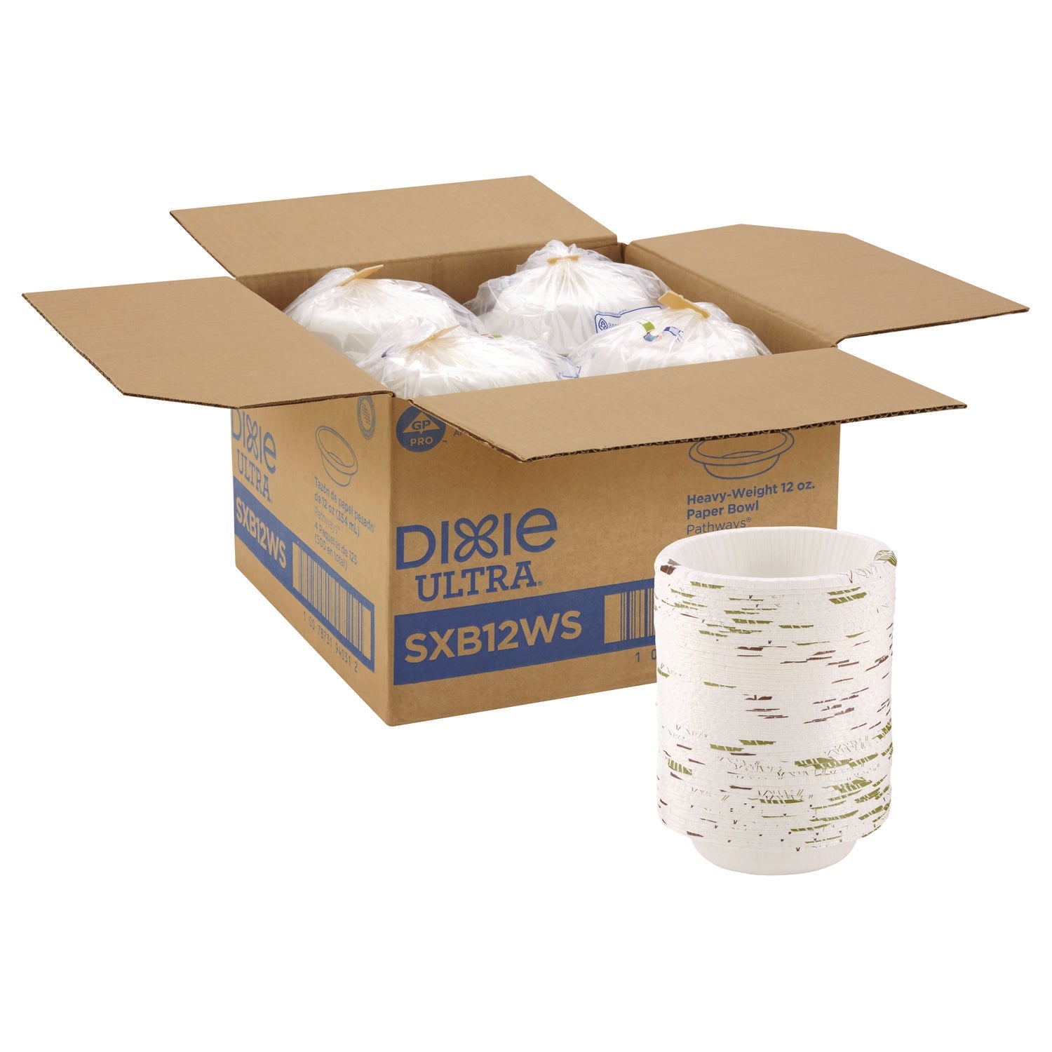 Dixie® Pathways with Soak Proof Shield Heavyweight Paper Bowls, WiseSize, 12 oz, Green/Burgundy, 125/Pack, 4 Packs/Carton