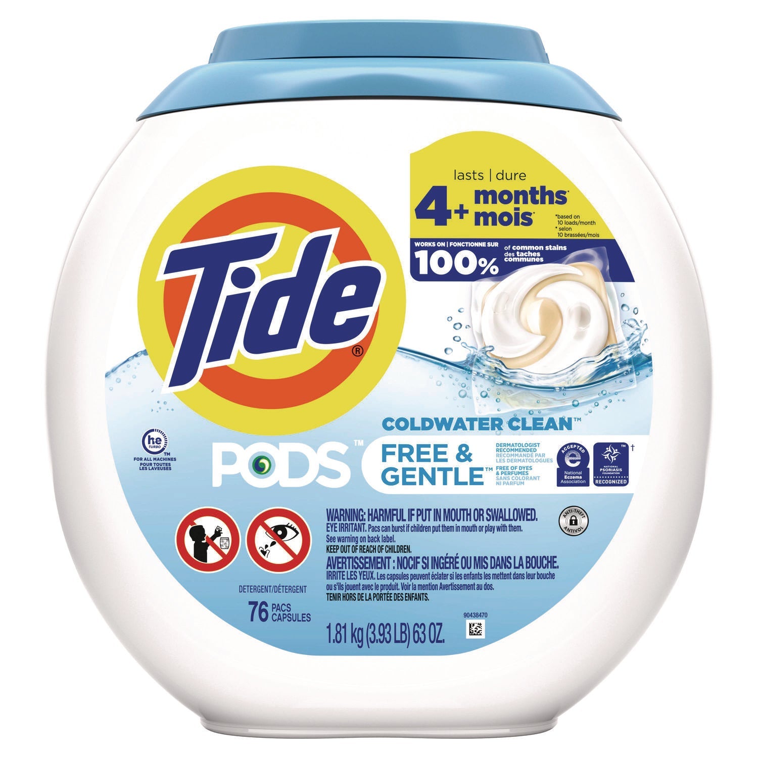 Tide® PODS Laundry Detergent, Free and Gentle, 63 oz Tub, 76 Pacs/Tub