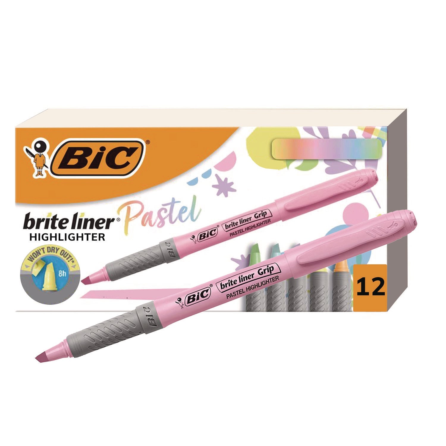 BIC® Brite Liner Grip Pocket Highlighter, Assorted Ink Colors, Chisel Tip, Assorted Barrel Colors, Dozen