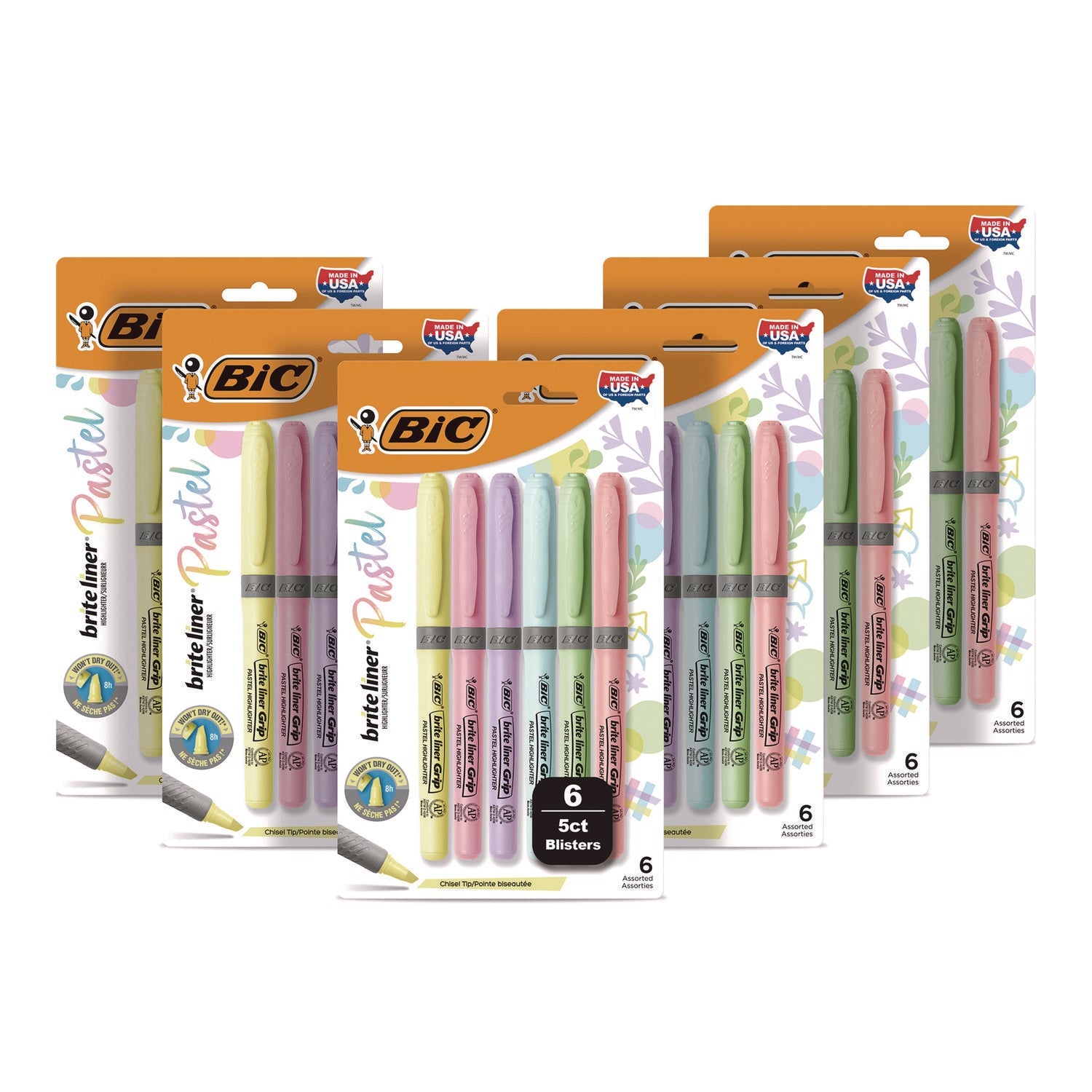 BIC® Brite Liner Grip Pocket Highlighter, Assorted Ink Colors, Chisel Tip, Assorted Barrel Colors, 6/Set, 6 Sets/Pack