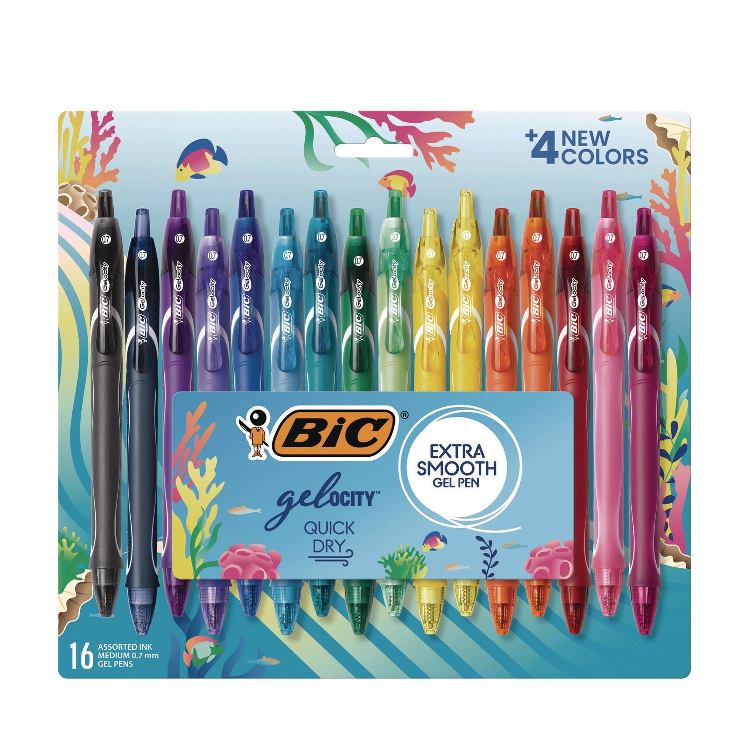 BIC® Gel-ocity Quick Dry Gel Pen, Retractable, Medium 0.7 mm, Assorted Ink and Barrel Colors, 16/Pack
