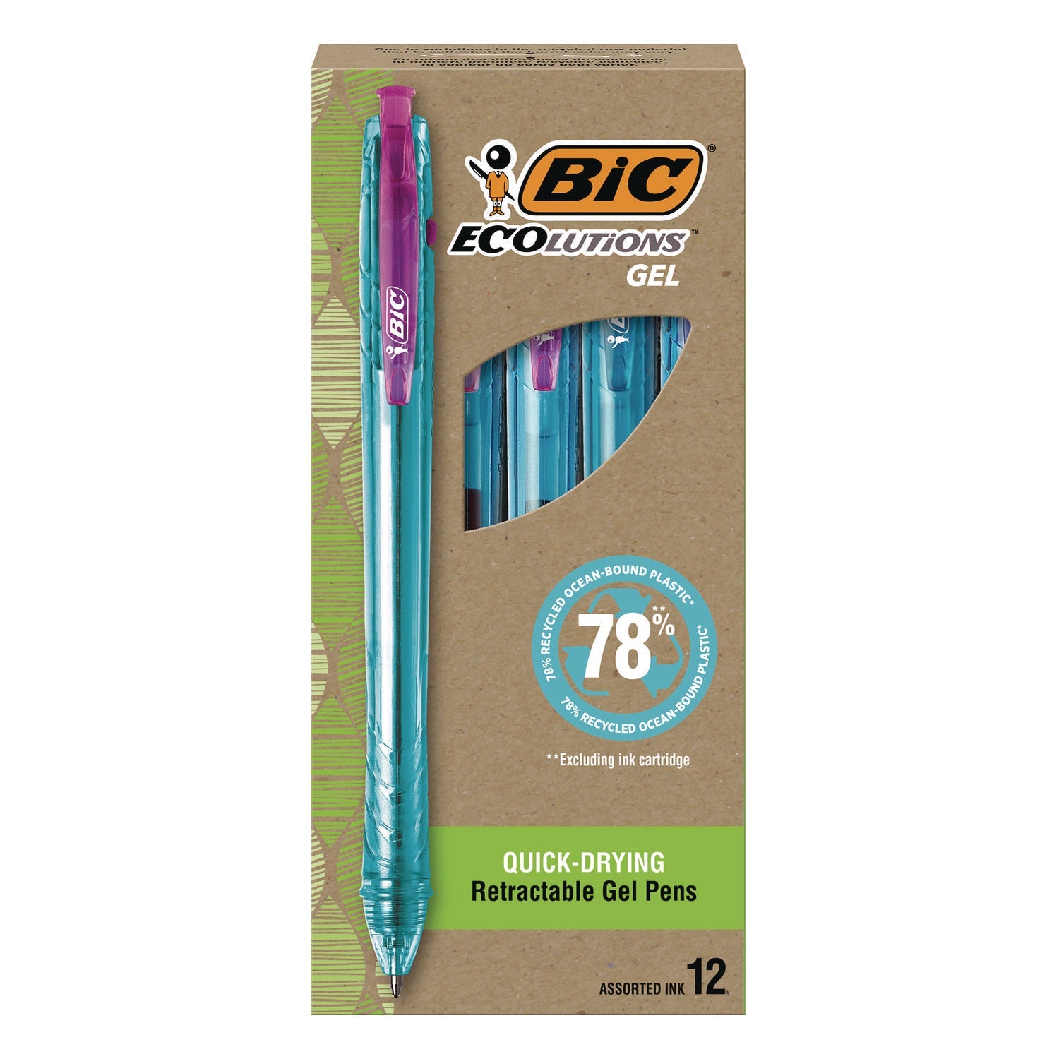 BIC® Ecolutions Gel Pen, Retractable, Medium 1 mm, Assorted Ink Colors, Blue Barrel, 12/Pack