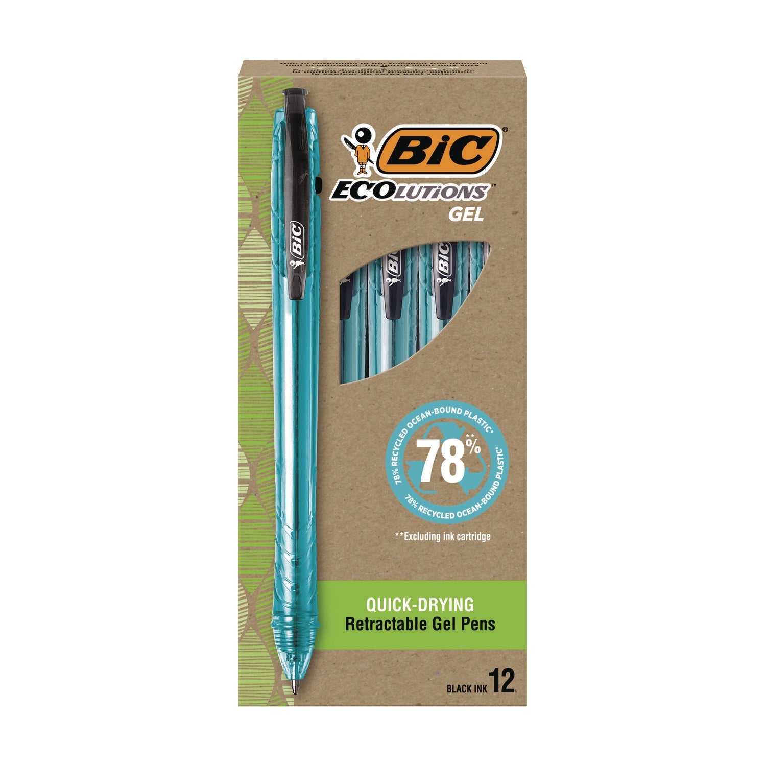 BIC® Ecolutions Gel Pen, Retractable, Medium 1 mm, Black Ink, Blue Barrel, 12/Pack