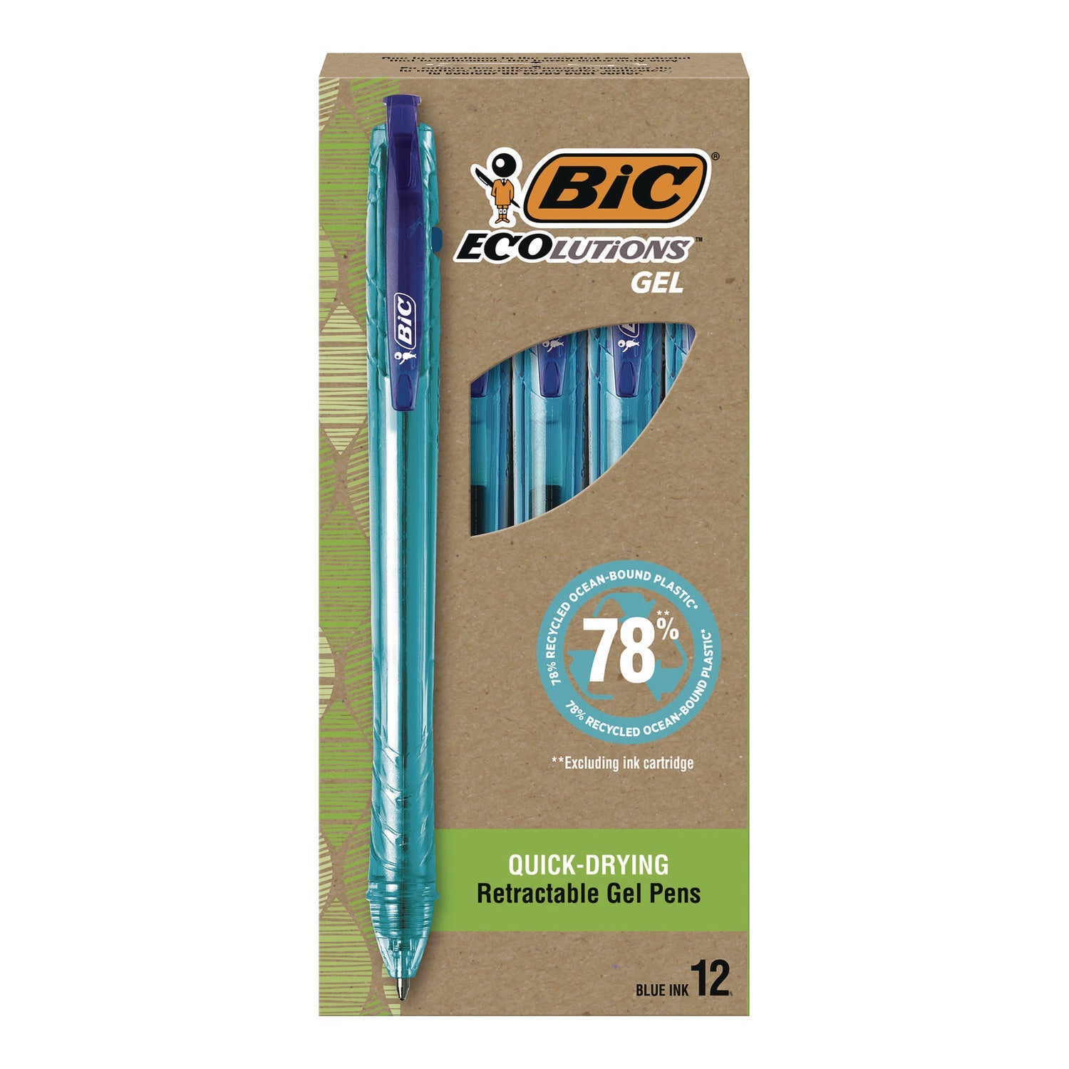BIC® Ecolutions Gel Pen, Retractable, Medium 1 mm, Blue Ink, Blue Barrel, 12/Pack
