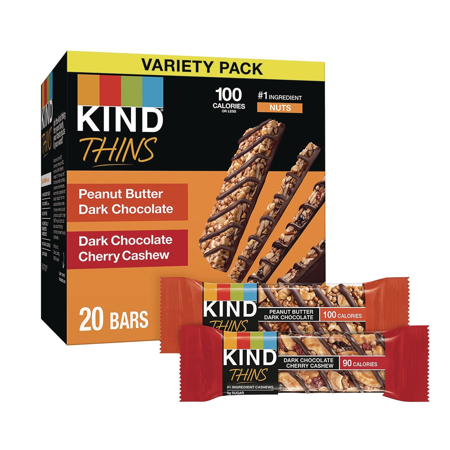 KIND Thins Bar Variety Pack, Dark Chocolate Cherry Cashew; Peanut Butter Dark Chocolate, 0.74 oz, 20/Box