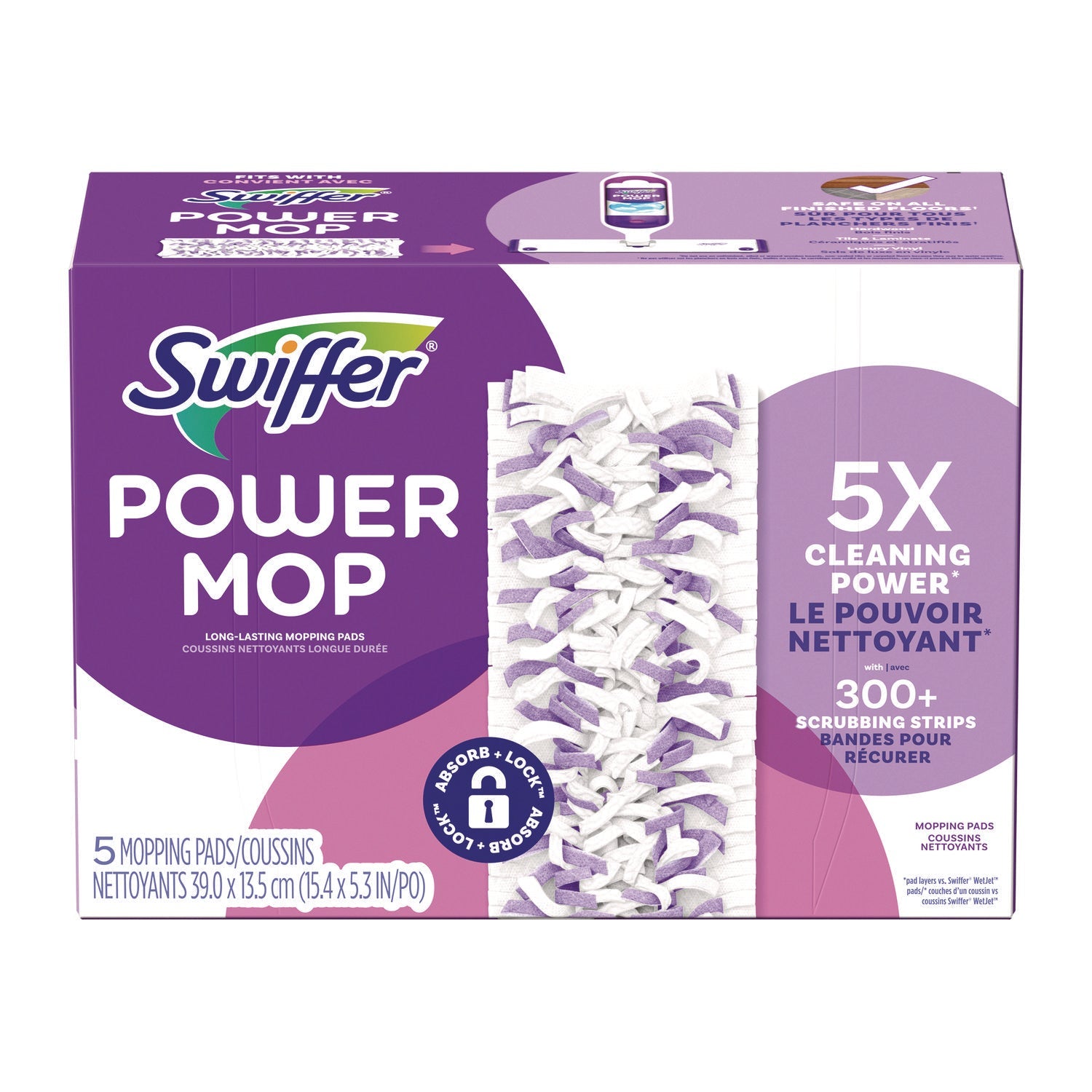 Swiffer® PowerMop Mopping Pads, 5.3 x 15.4, White/Purple, 5 Pads/Box