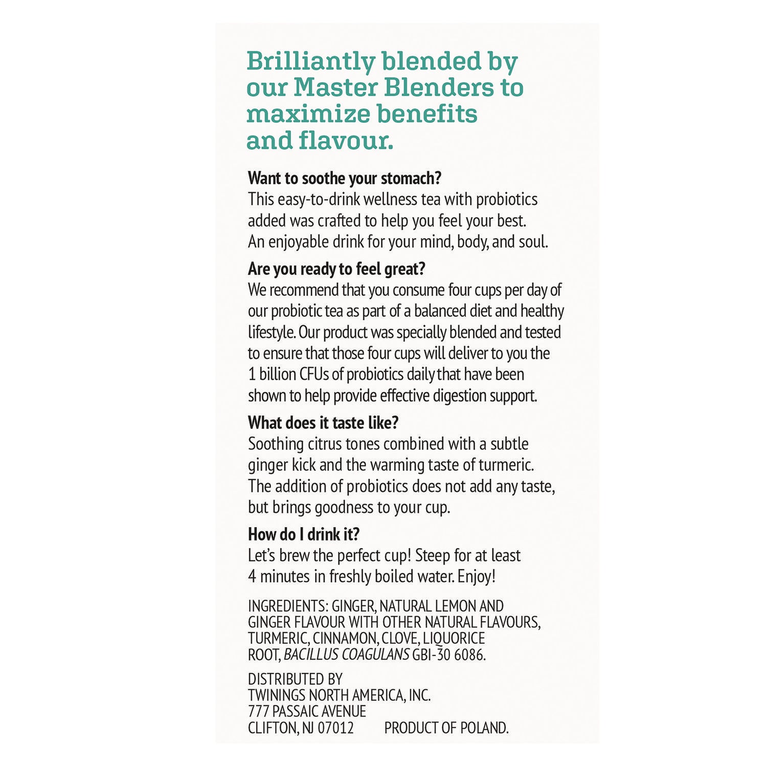 TWININGS® Probiotics Lemon and Ginger Herbal Tea Bags, 0.05 oz, 18/Box