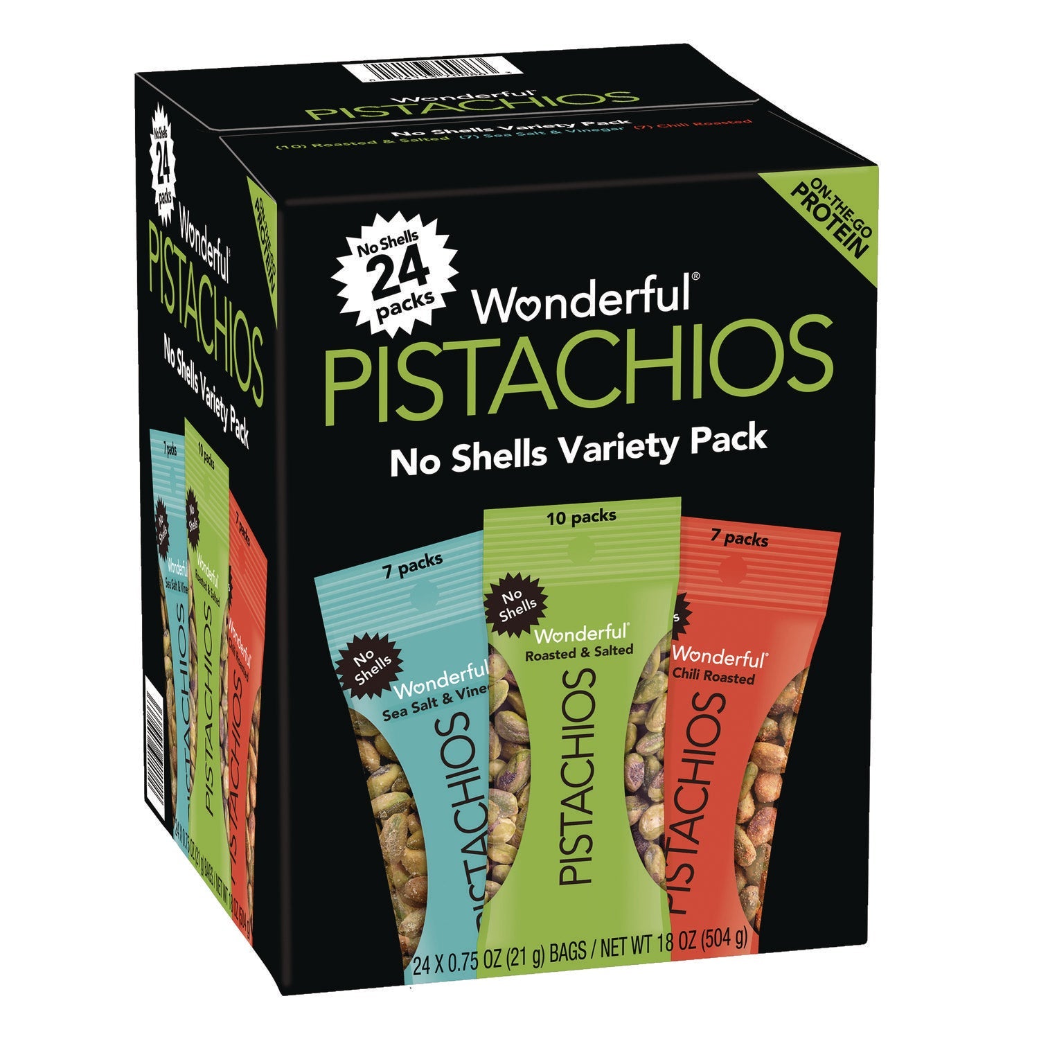 Wonderful® No Shells Roasted and Salted Pistachios Variety Pack, Assorted Flavors, 0.75 oz Bag, 24/Carton