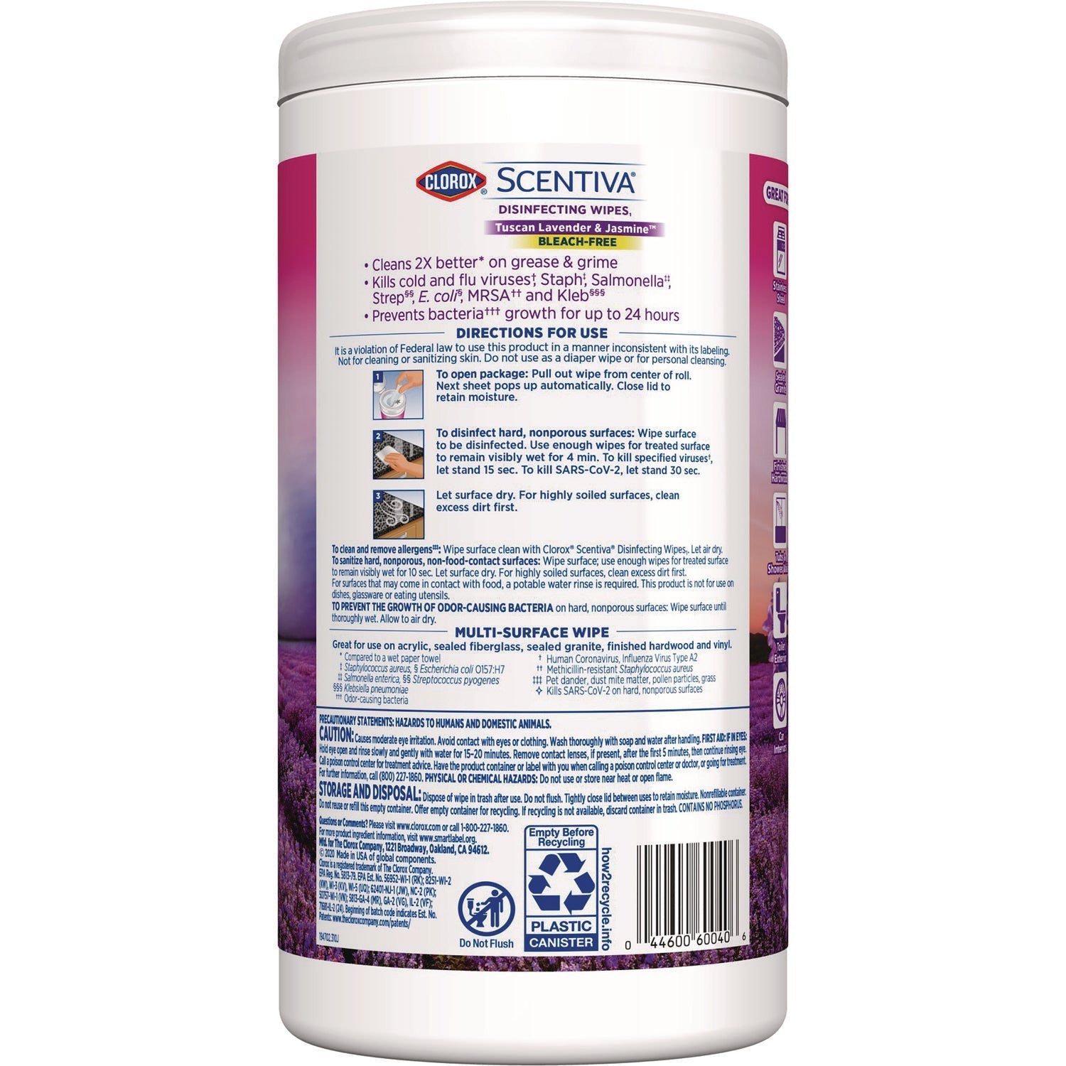 Clorox® Scentiva Bleach Free Cleaning Wipes, 7.75 x 7, Tuscan Lavender and Jasmine, 75/Canister