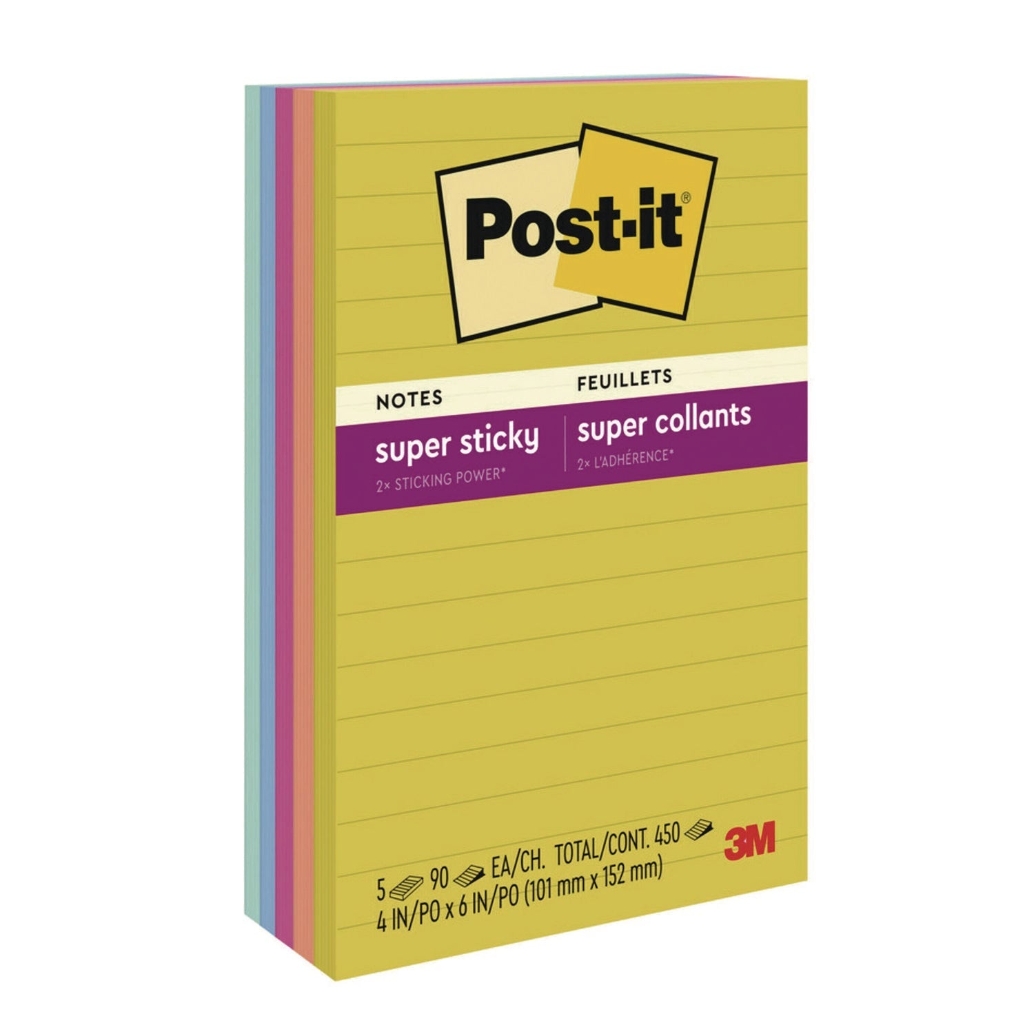 Post-it® Notes Super Sticky Note Pads in Summer Joy Color Collection Colors, 4" x 6", Note Ruled, 90 Sheets/Pad, 5 Pads/Pack