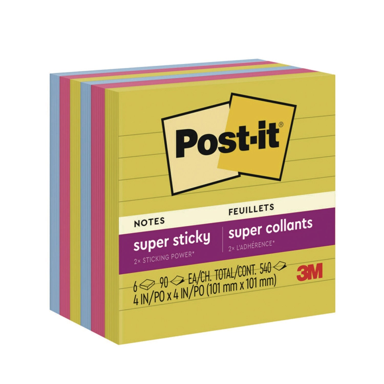 Post-it® Notes Super Sticky Note Pads in Summer Joy Color Collection Colors, 4" x 4", Note Ruled, 90 Sheets/Pad, 6 Pads/Pack