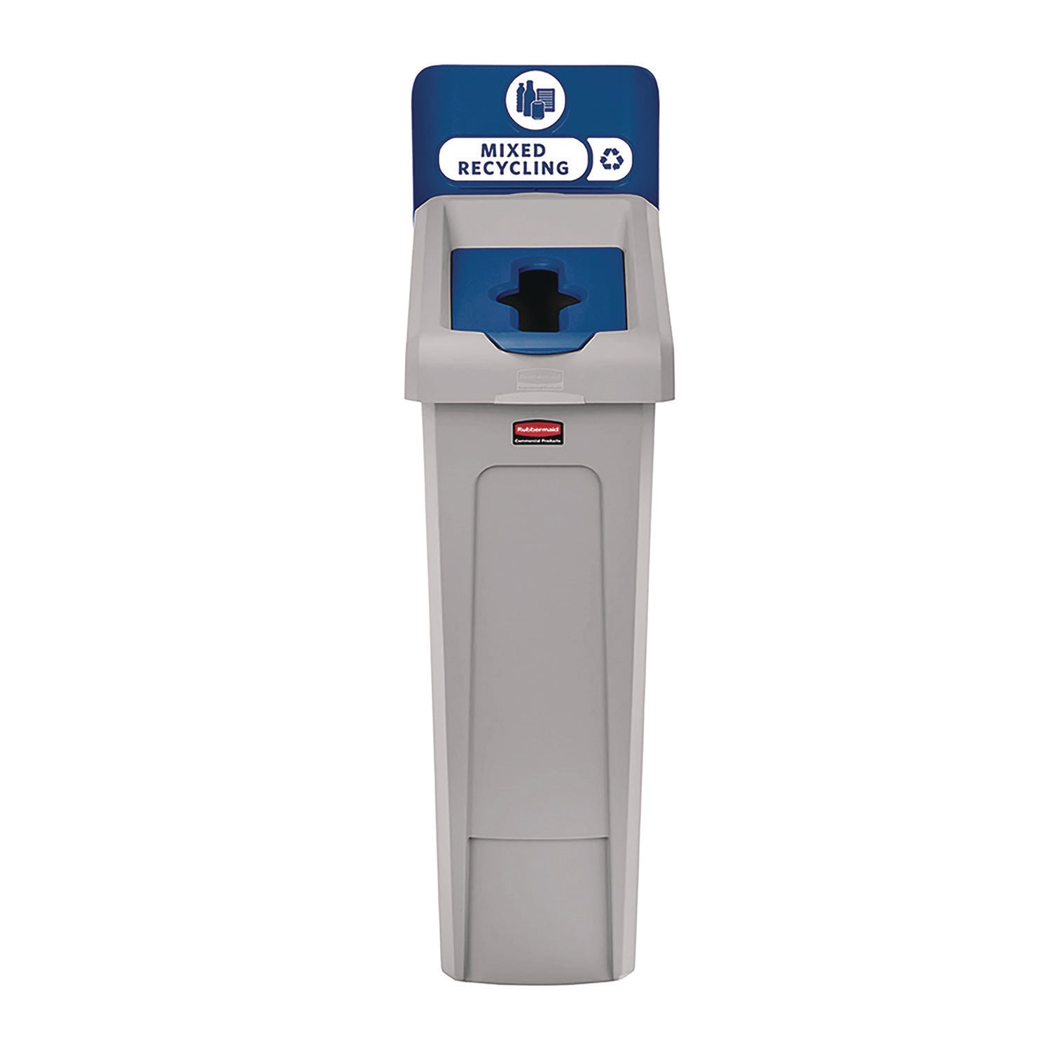 Rubbermaid® Commercial Slim Jim Recycling Station Kit, 1-Stream Mixed Recycling, 23 gal, Plastic, Gray/Blue