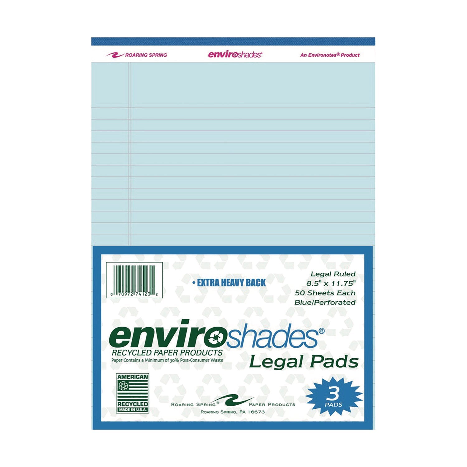 Roaring Spring® Enviroshades Legal Notepads, 50 Blue 8.5 x 11 Sheets, 3/Pack