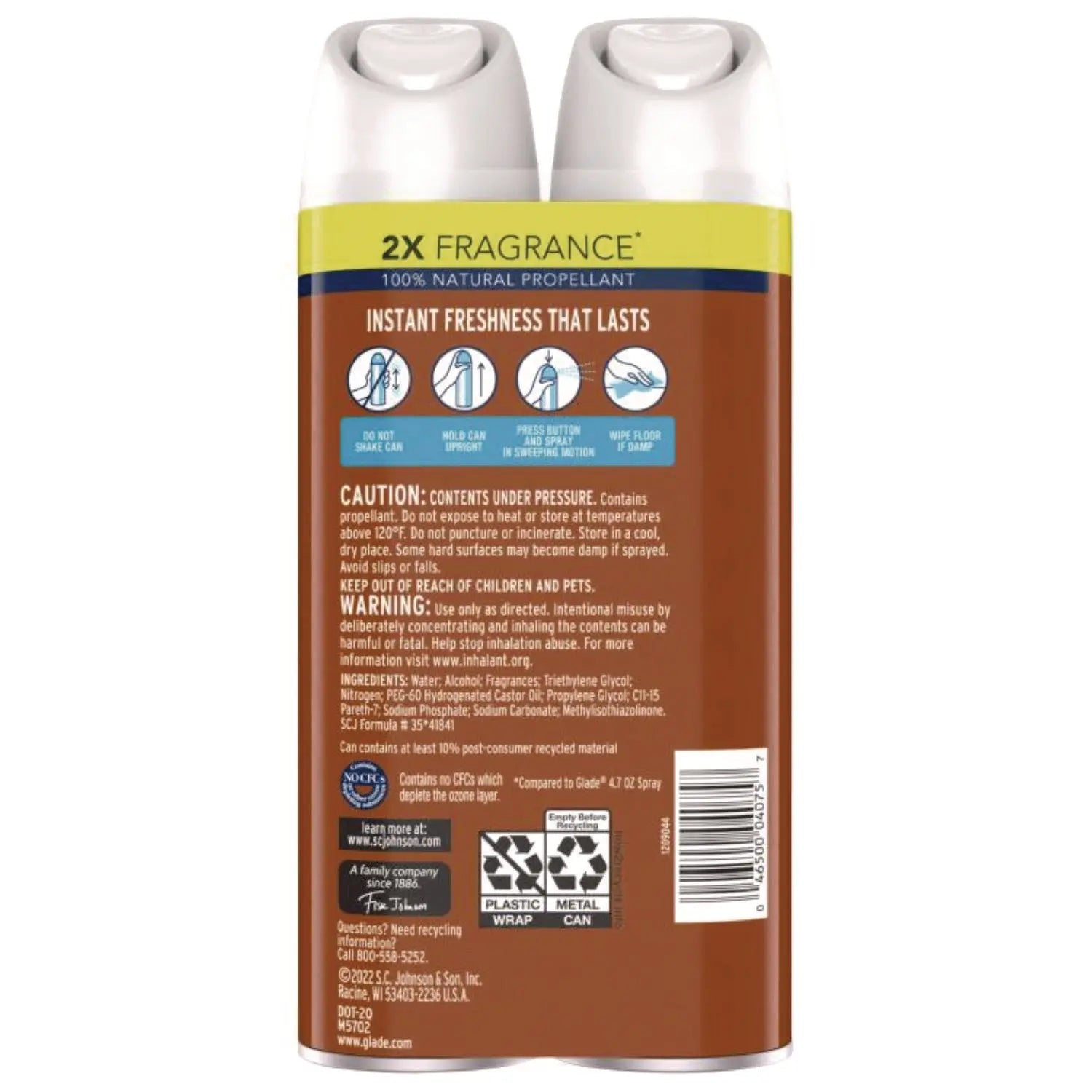 Glade® Air Freshener, Cashmere Woods Scent, 8.3 oz Aerosol Can, 2/Pack