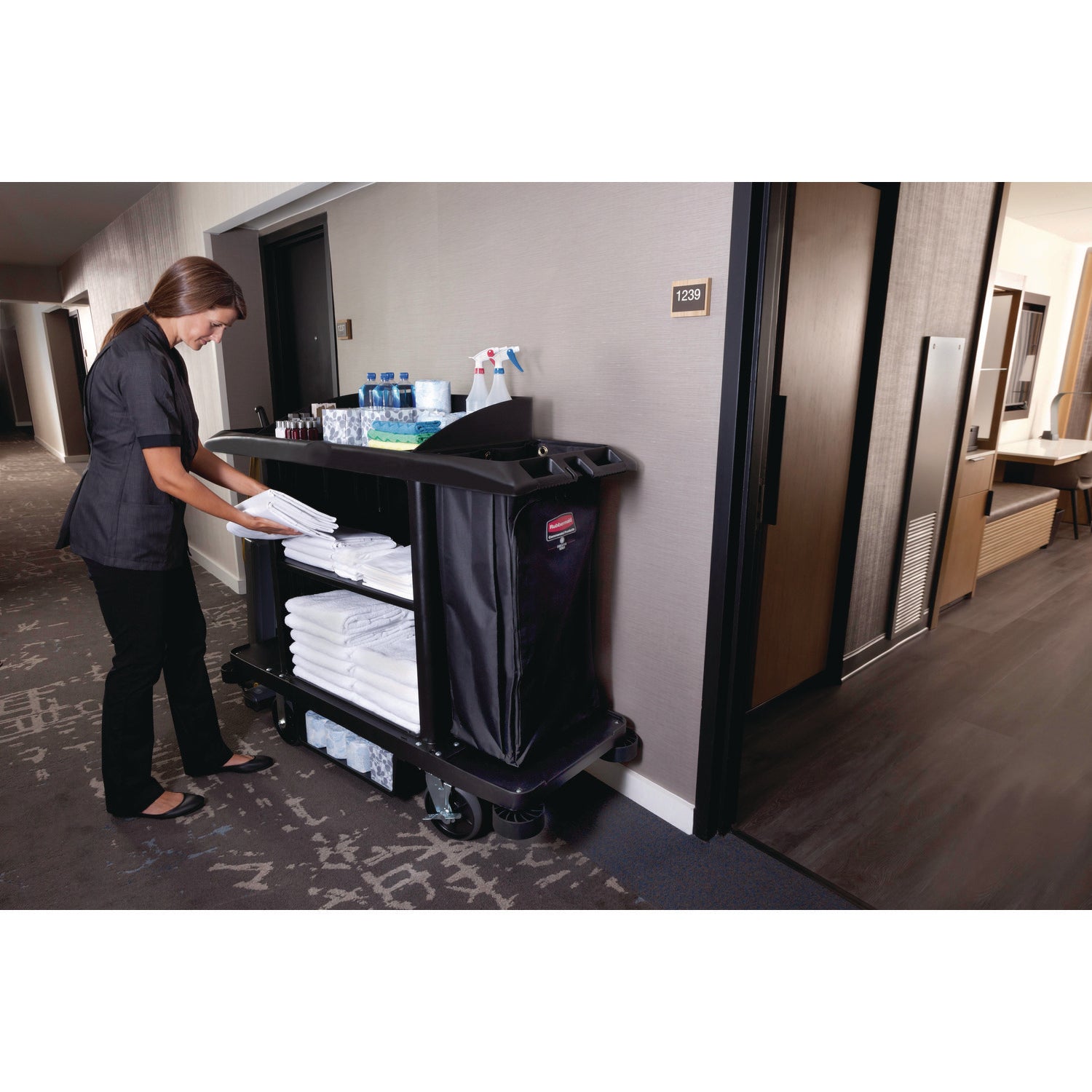 Rubbermaid® Commercial Housekeeping Cart, Plastic, 3 Shelves, 2 Bins, 22" x 60" x 50", Black
